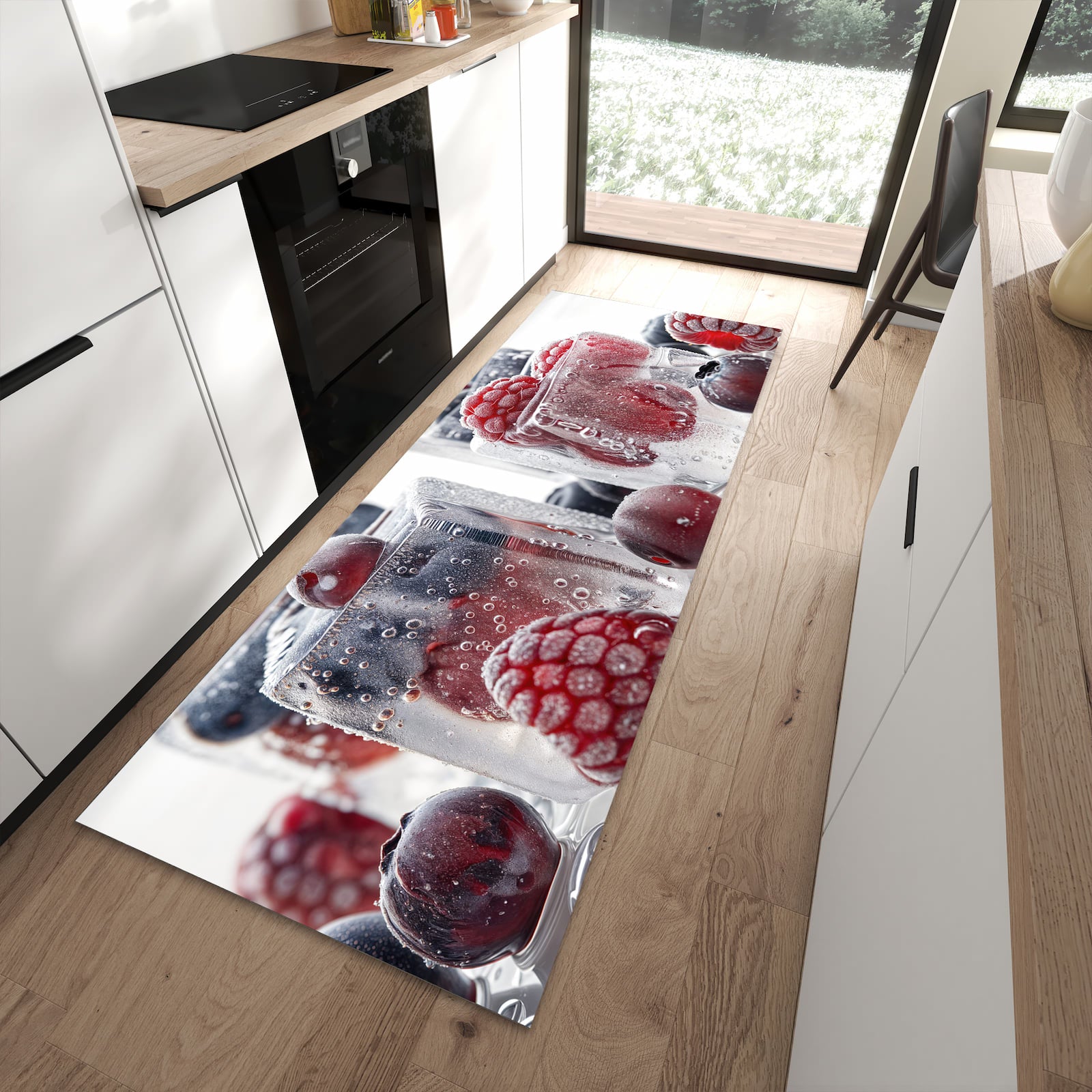 Pflegeleichter Küchenteppich mit Motiv Gefrorene Beeren in moderner Küche