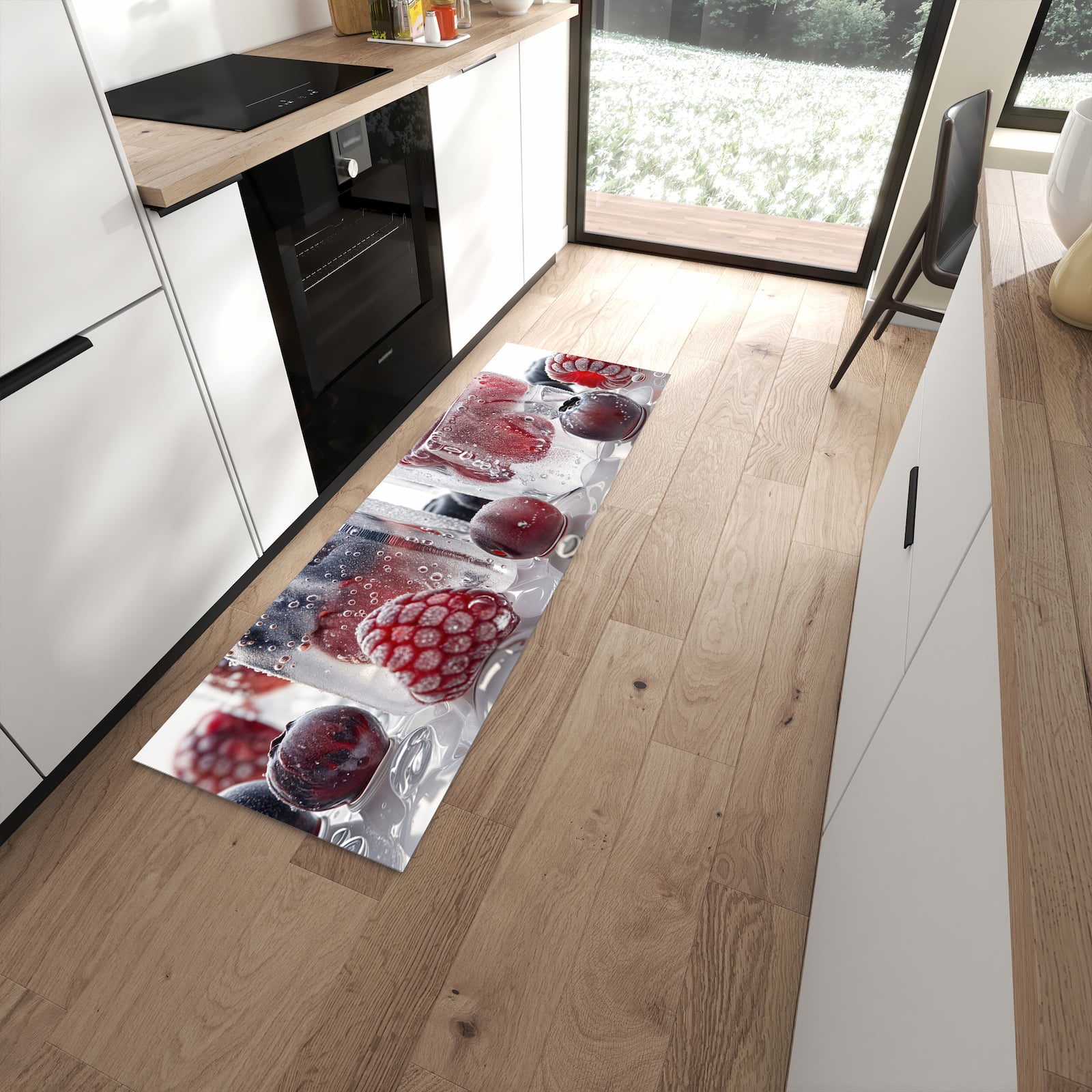 Komfortabler Küchenläufer nach Maß mit Motiv Gefrorene Beeren in moderner Küche