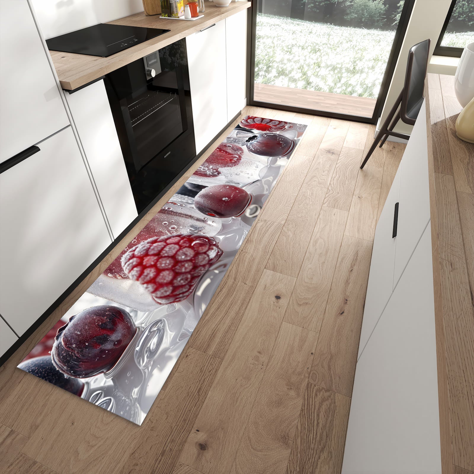 Fleckenresistenter moderner Küchenläufer mit Motiv Gefrorene Beeren in moderner Küche
