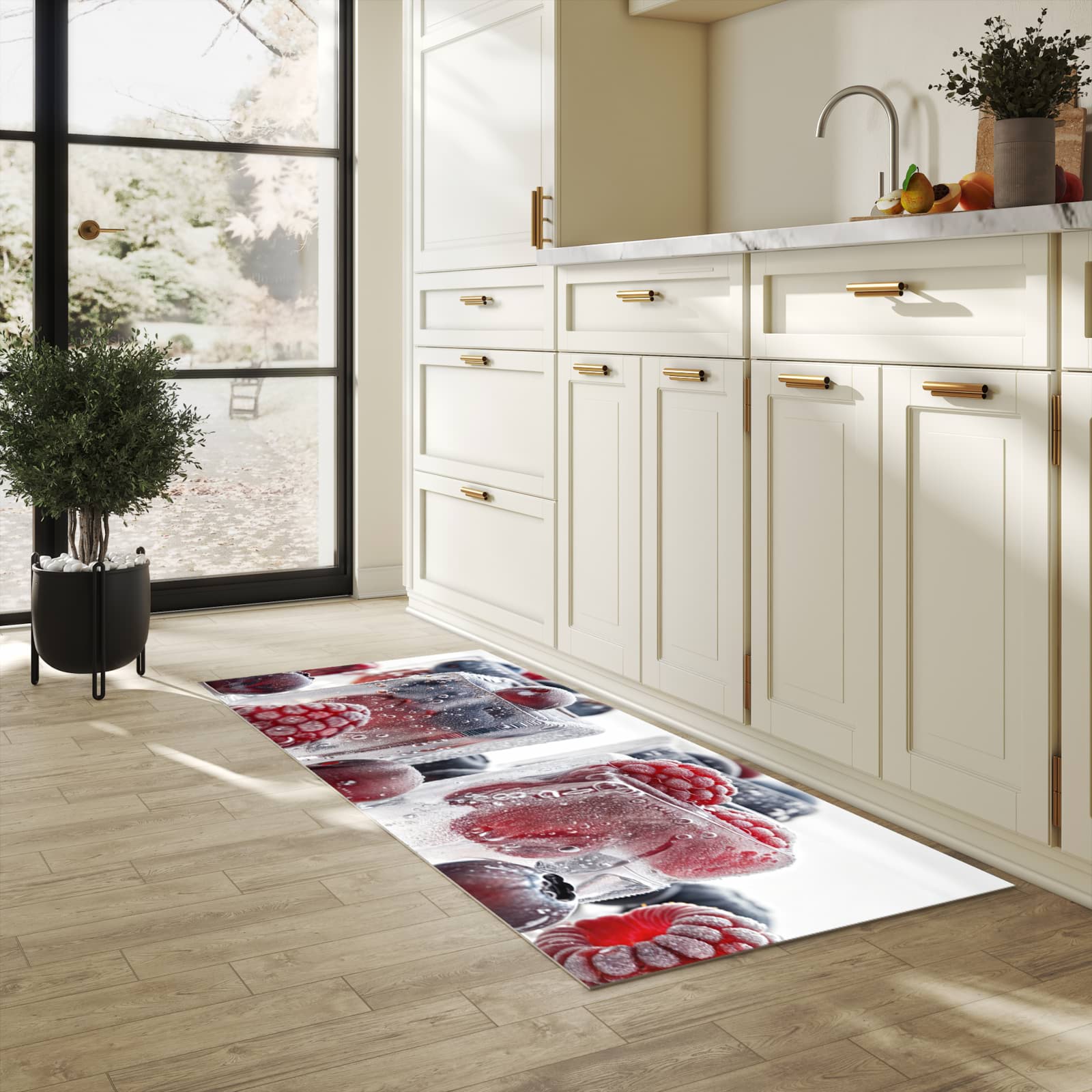 Waschbarer Küchenteppich mit Motiv Gefrorene Beeren für Ordnung in heller Küche