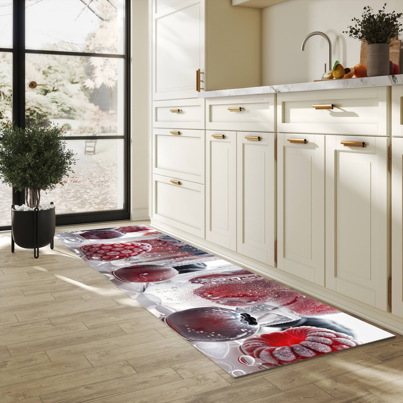 Farbbeständiger rutschfester Küchenteppich mit Motiv Gefrorene Beeren in heller Küche