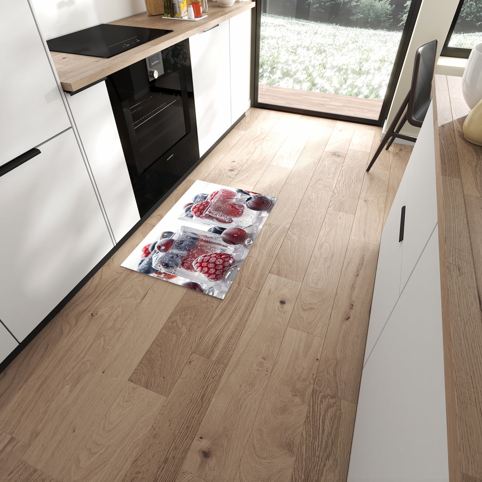 Geruchsneutraler abwaschbarer Küchenteppich mit Motiv Gefrorene Beeren in moderner Küche