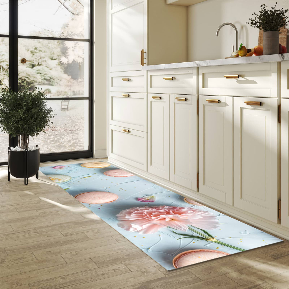 Komfortabler Teppich fürs Esszimmer mit Motiv Französische Macarons in heller Küche, waschbar