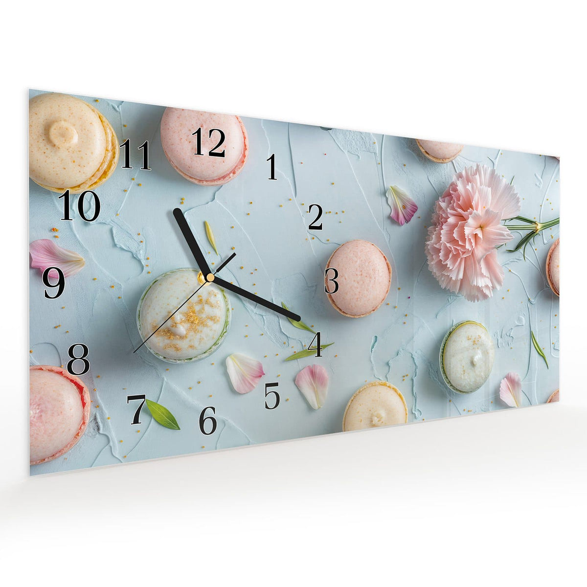 Vormontiert – mit Schwebeeffekt – Wanduhr Französische Macarons aus Glas – Querformat 60 × 30 cm