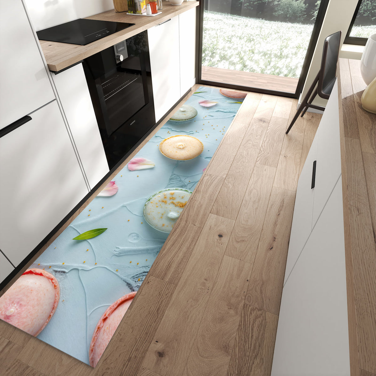 Bodenschonender Küchenteppich mit Motiv Französische Macarons in moderner Küche