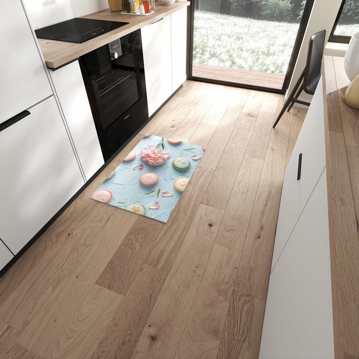 Küchenteppich mit Motiv Französische Macarons für Ordnung in moderner Küche