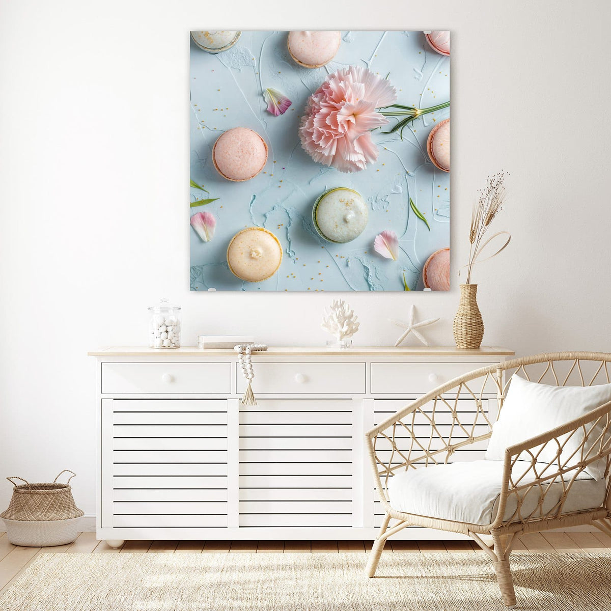 Echtglas, 4 mm – kein Acryl, keine Folie – Wandbild - Macarons mit Nelke - Quadratisch