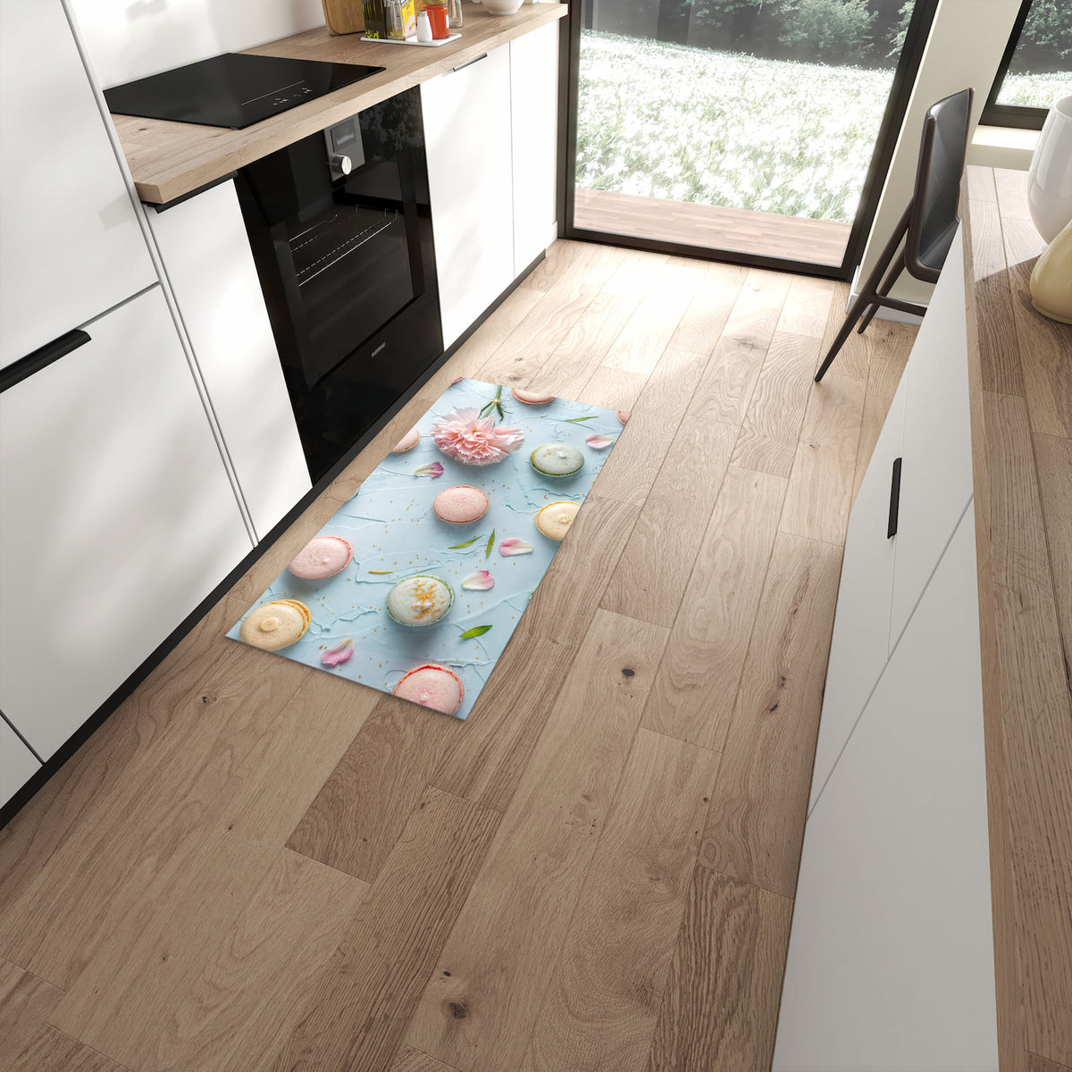 Strapazierfähiger Küchenteppich mit Motiv Französische Macarons in moderner Küche #grösse_60 x 120 cm