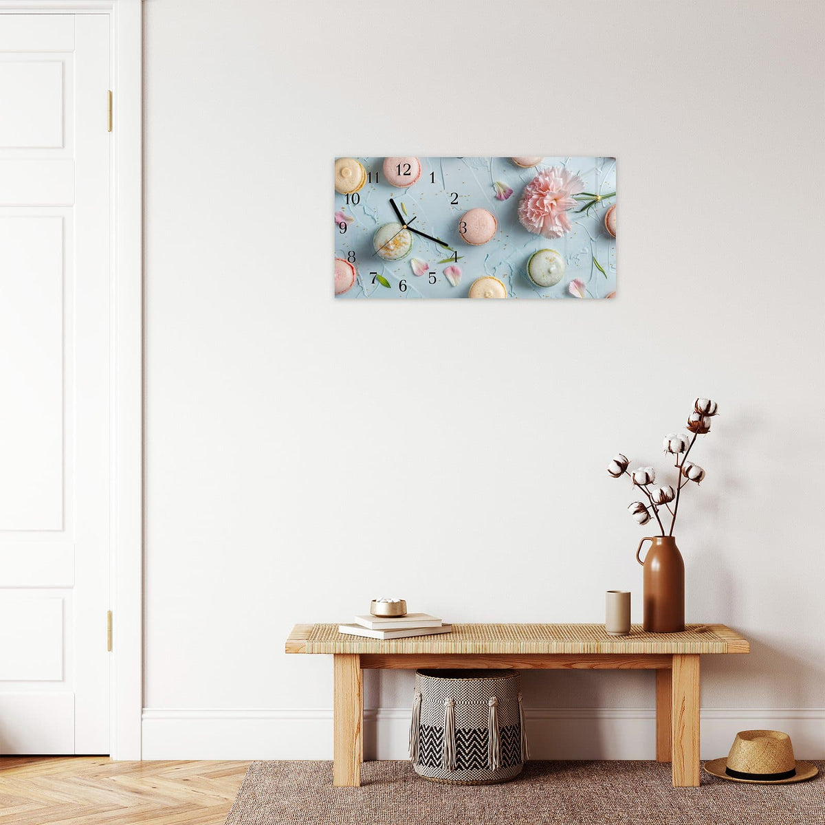 Moderne Wanduhr aus Glas mit Farbtiefe – Wanduhr Französische Macarons aus Glas – Querformat 60 × 30 cm