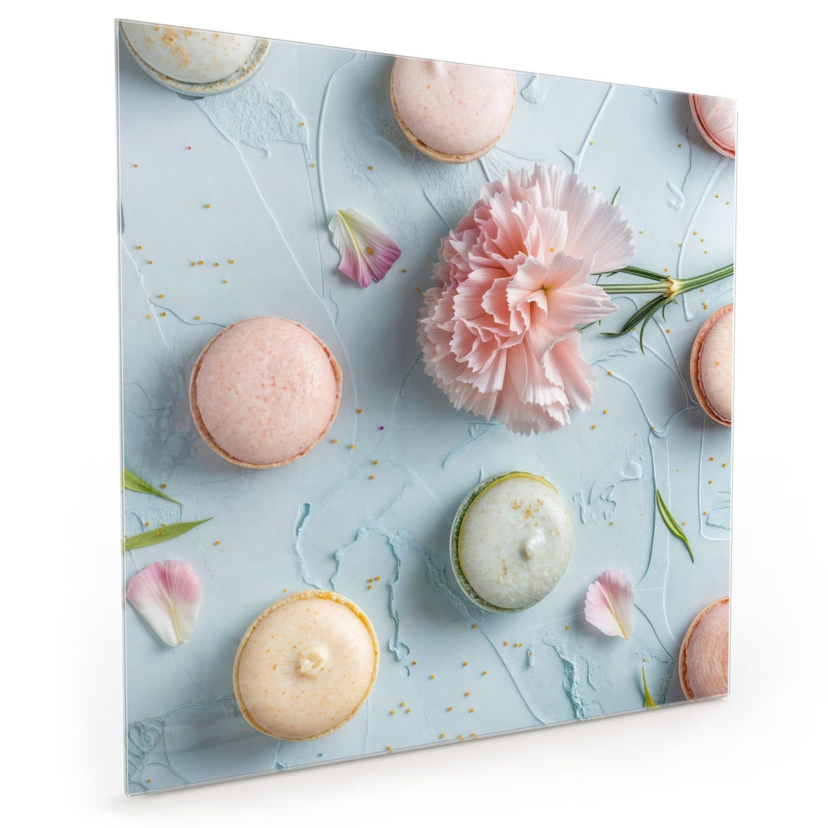 Küchenrückwand aus Glas im quadratischen Format: Pastellfarbene Macarons auf hellblauem Grund, in der Mitte eine rosa Nelke mit einzelnen Blütenblättern. #grösse_40 x 40 cm #grösse_50 x 50 cm #grösse_60 x 60 cm