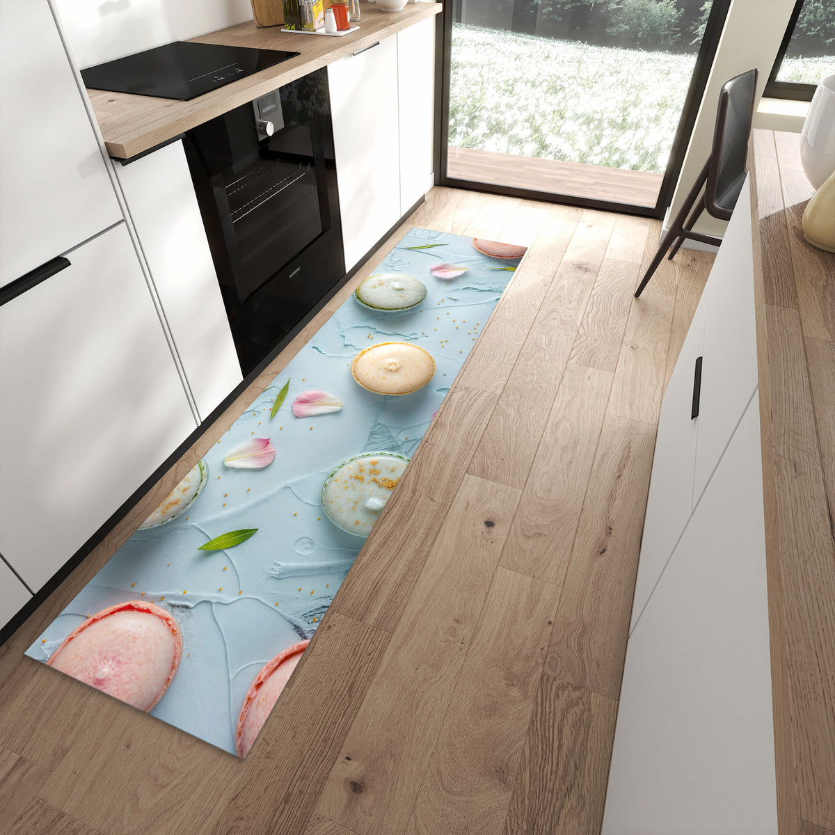 Rutschfester großer Küchenteppich mit Motiv Französische Macarons in moderner Küche