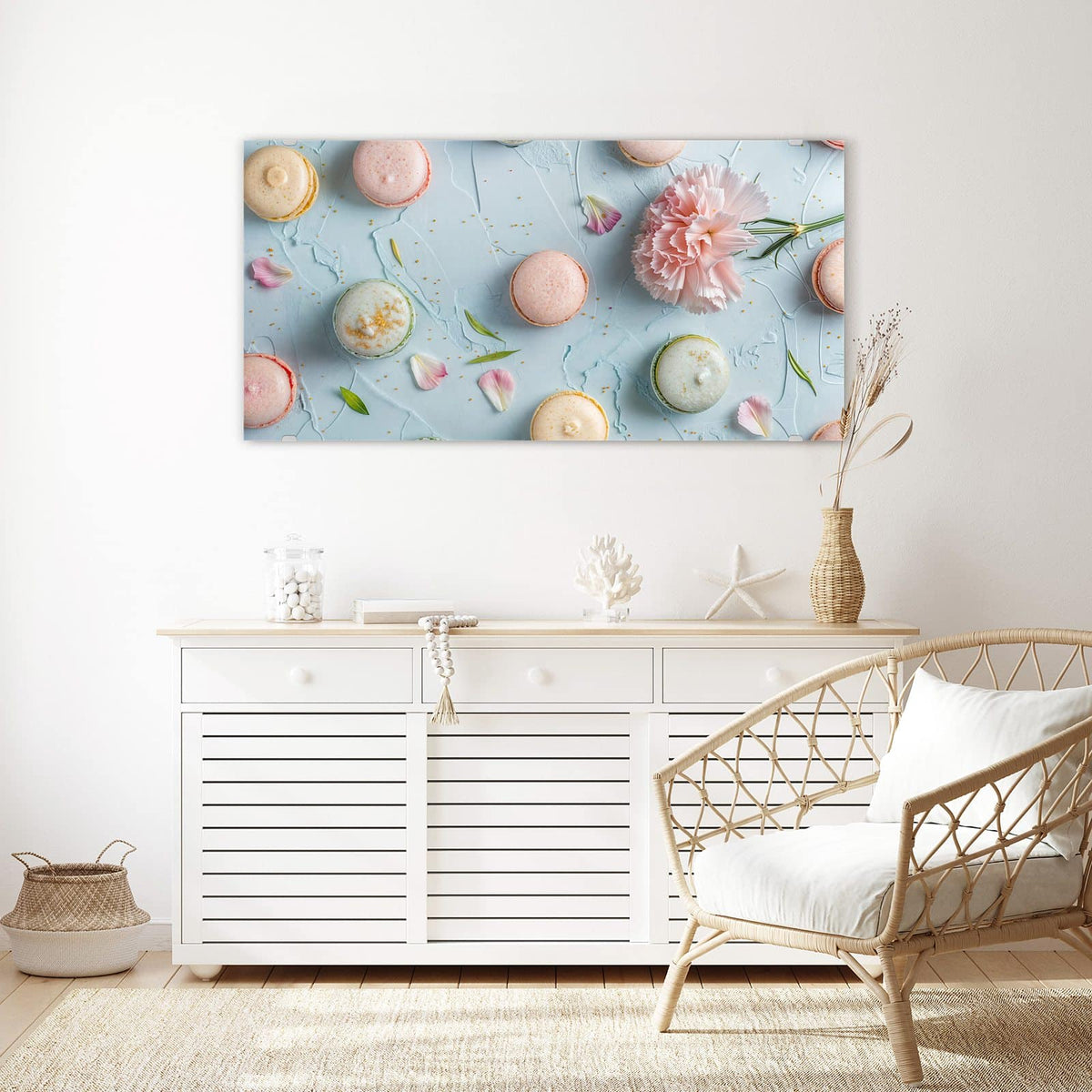 Echtglas, 4 mm – kein Acryl, keine Folie – Wandbild - Macarons mit Nelke - Querformat