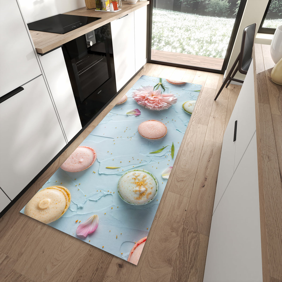 Geräuschdämpfender waschbarer Küchenläufer mit Motiv Französische Macarons in moderner Küche