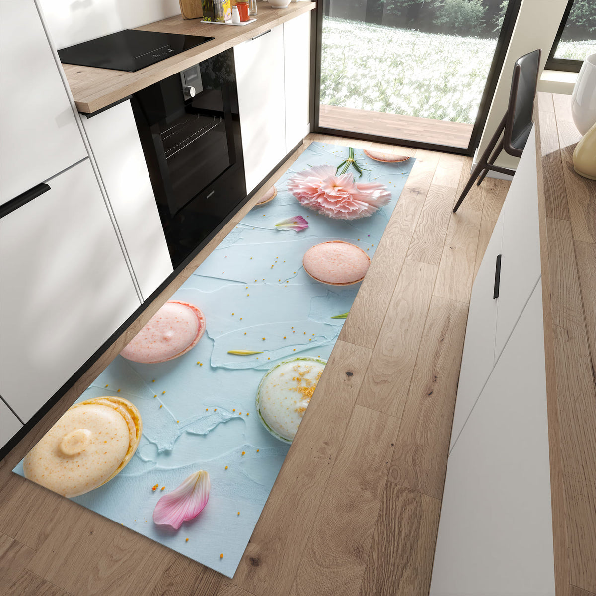 Formstabiler rutschfester Küchenläufer mit Motiv Französische Macarons in moderner Küche