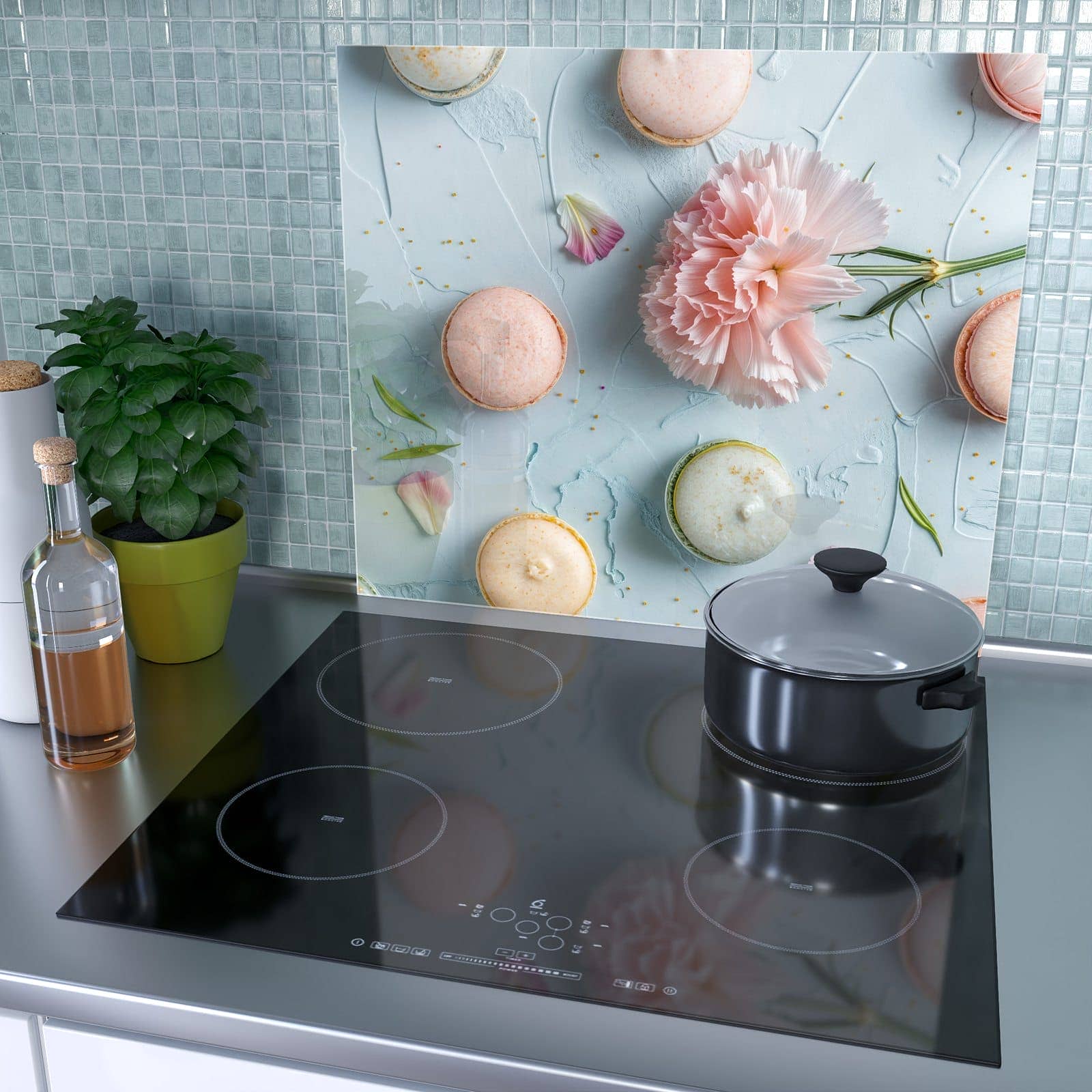 1-teilige Ceranfeldabdeckung mit Französische Macarons-Motiv als Spritzschutz hinter dem Kochfeld
