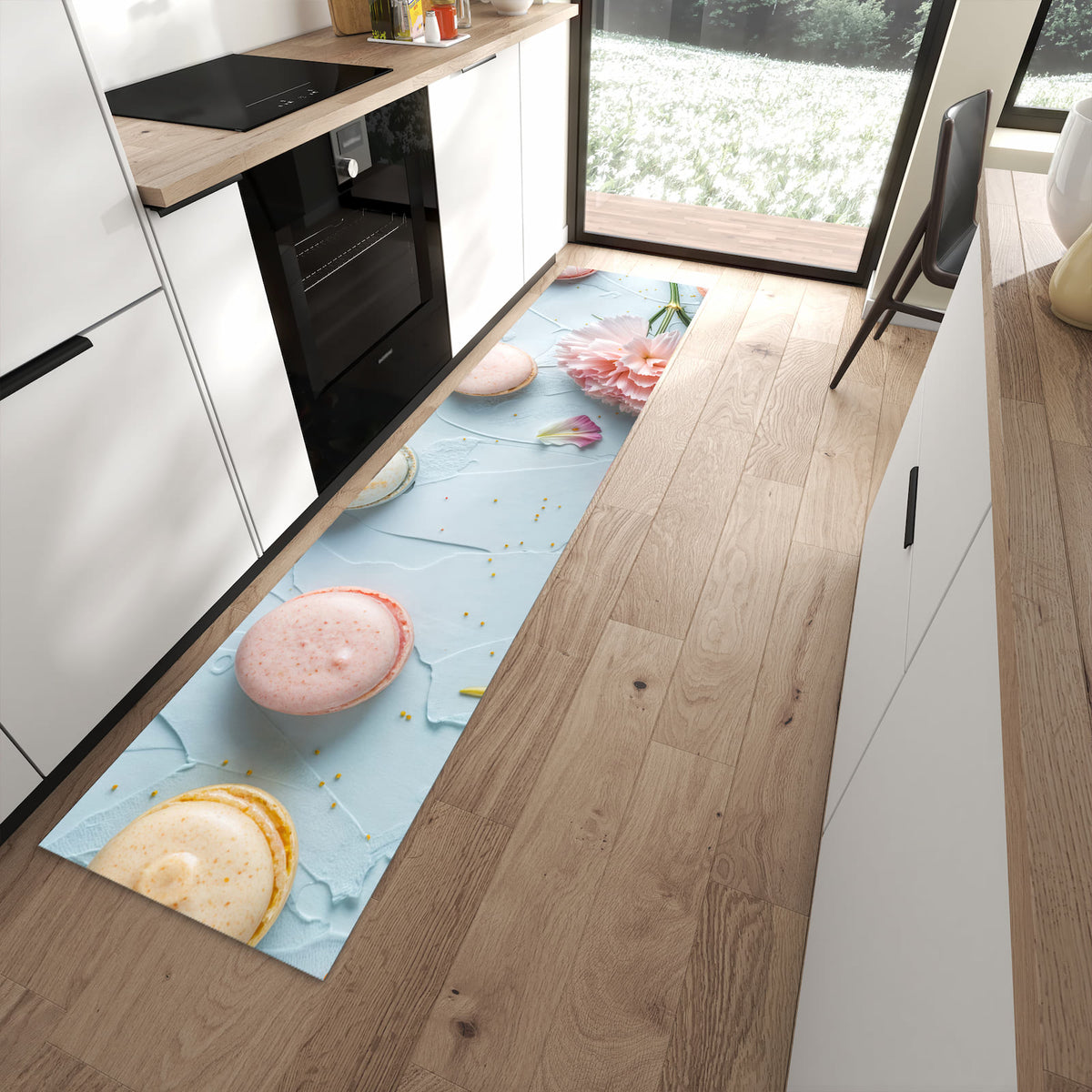 Feuchtigkeitsresistenter Küchenteppich mit Motiv Französische Macarons in moderner Küche