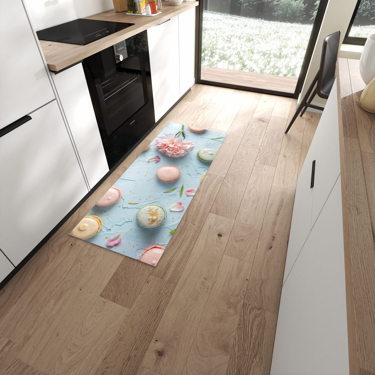Waschbarer Küchenteppich mit Motiv Französische Macarons in moderner Küche #grösse_60 x 150 cm