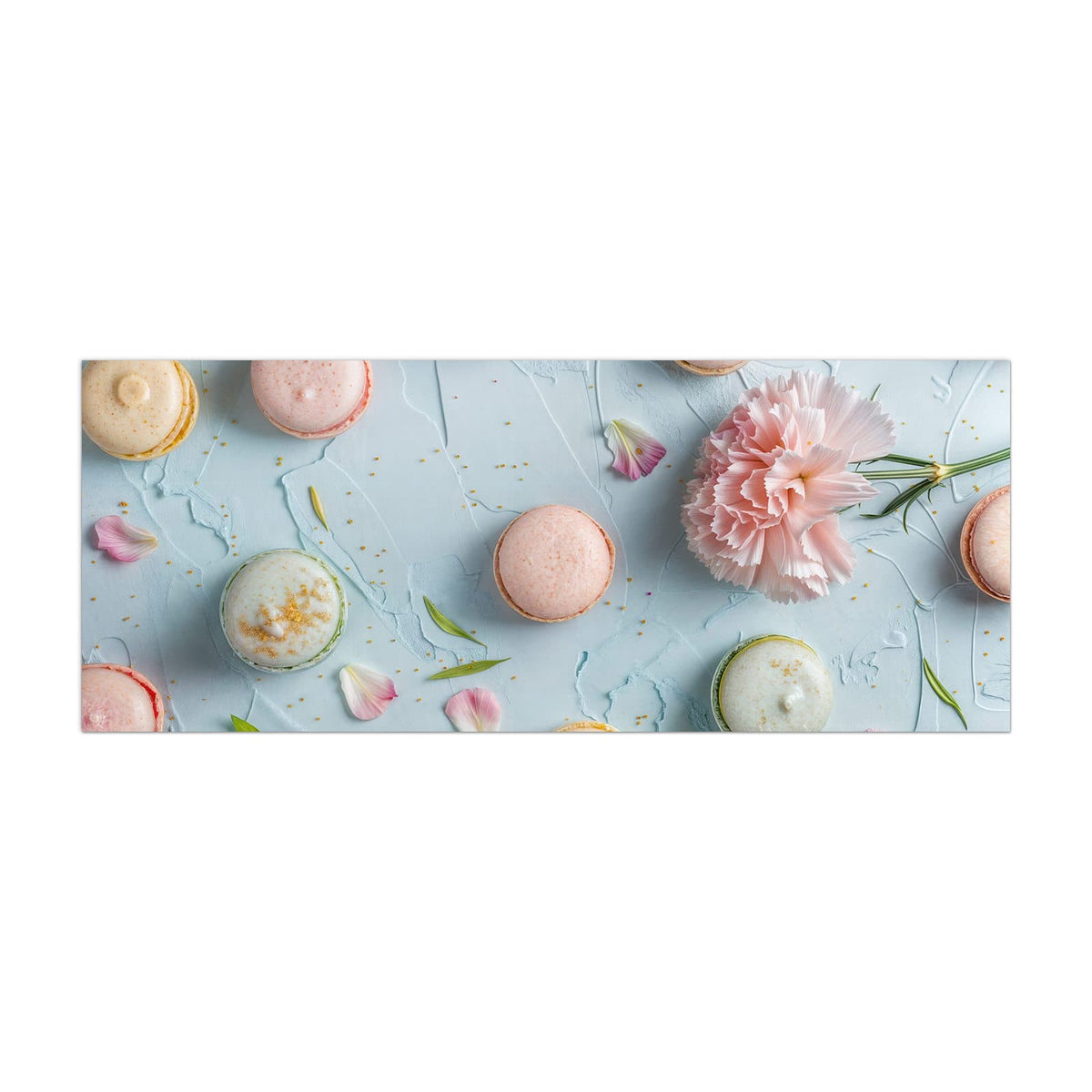 Küchenrückwand aus Glas Macarons mit Nelke im Hochformat, Motiv bildfüllend von vorn