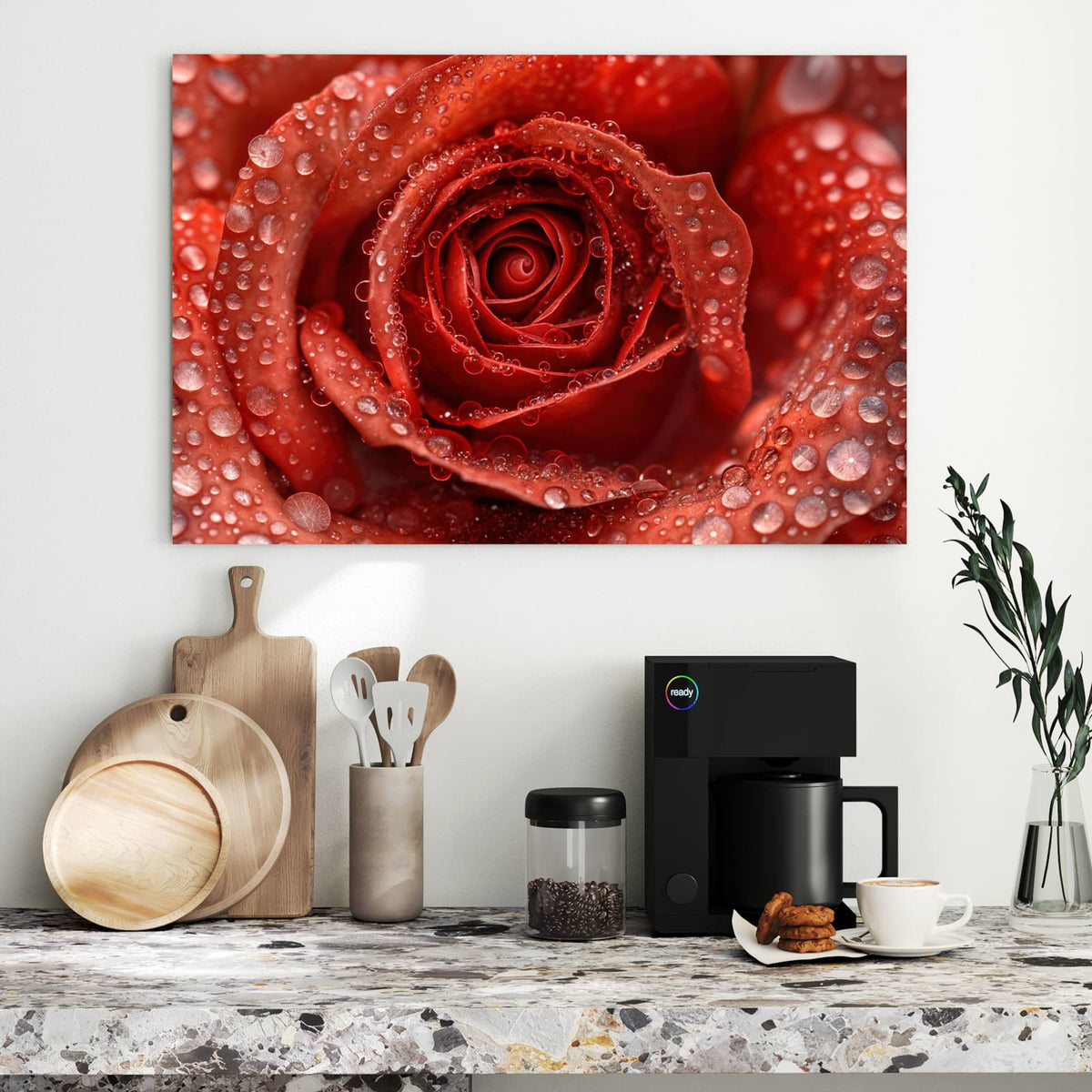 Metall Magnettafel - Rote Rose mit Tropfen – Rote Rose voller Wassertropfen