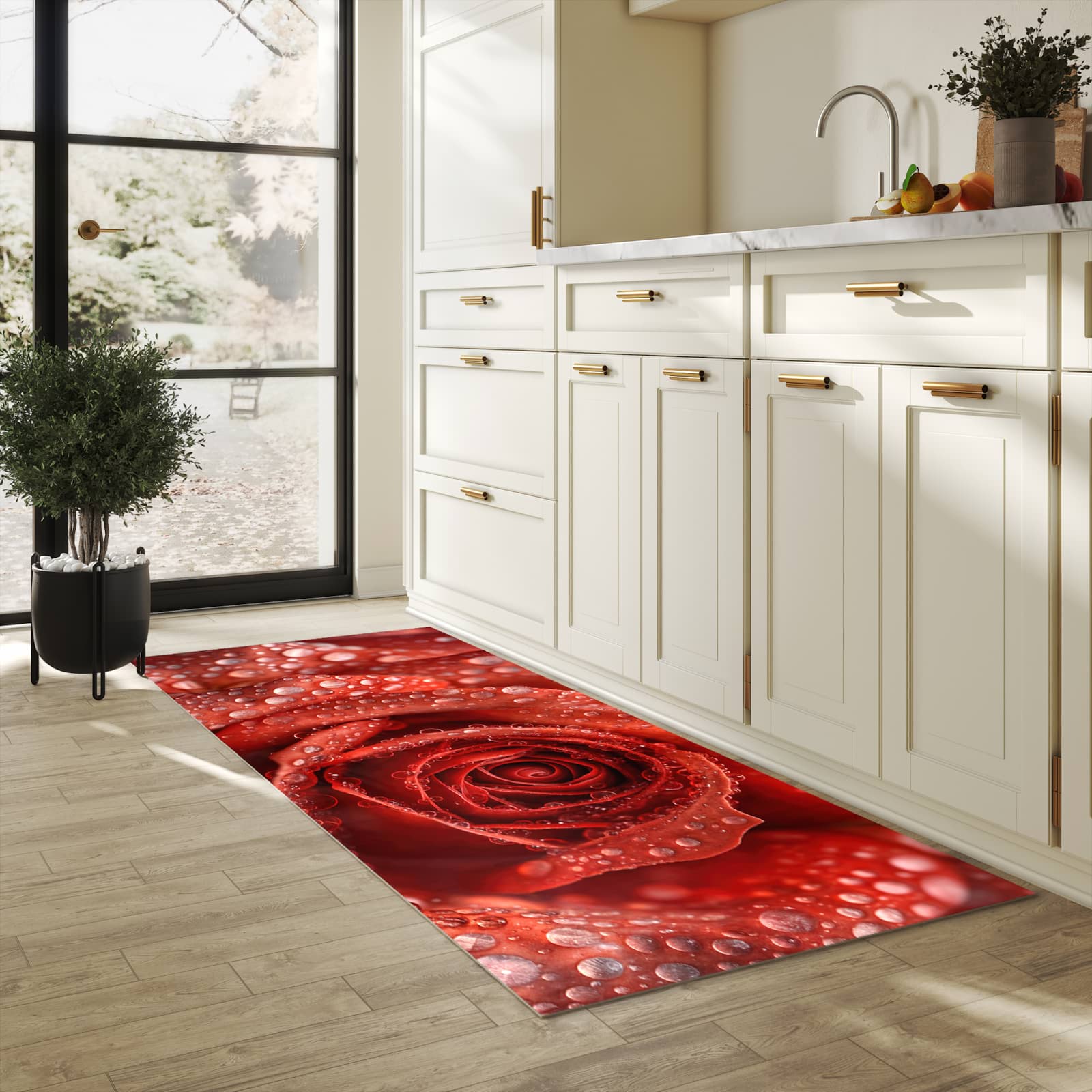 Abriebfester Küchenläufer mit Motiv Wassertropfen Rose in heller Küche