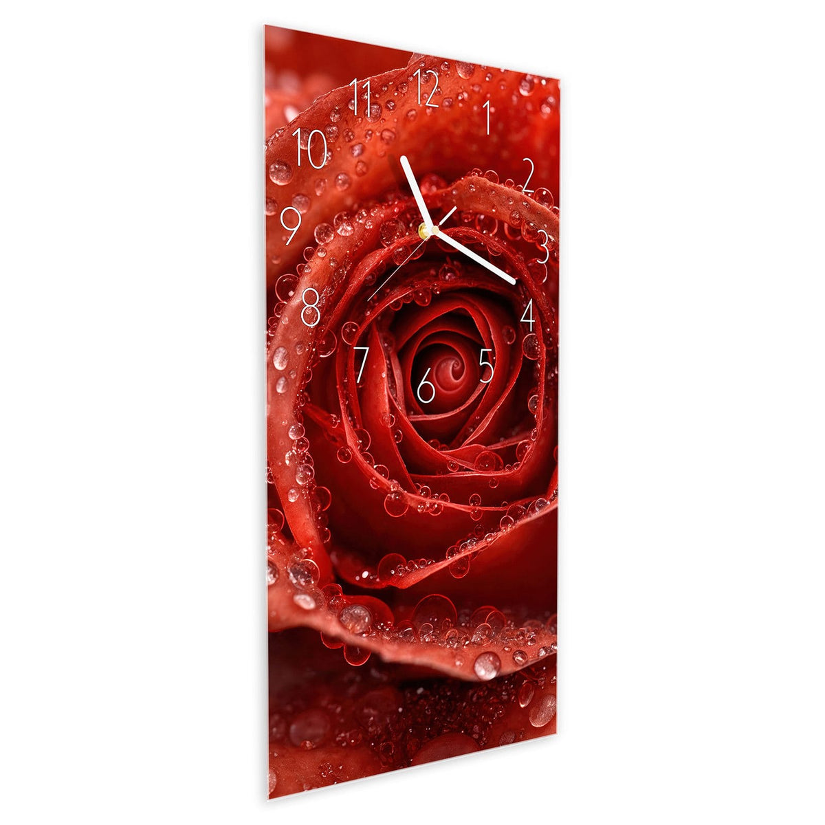 Wanduhr aus Glas im Hochformat Rote Rose mit Tropfen schräg von der Seite, 4 mm starkes Glas
