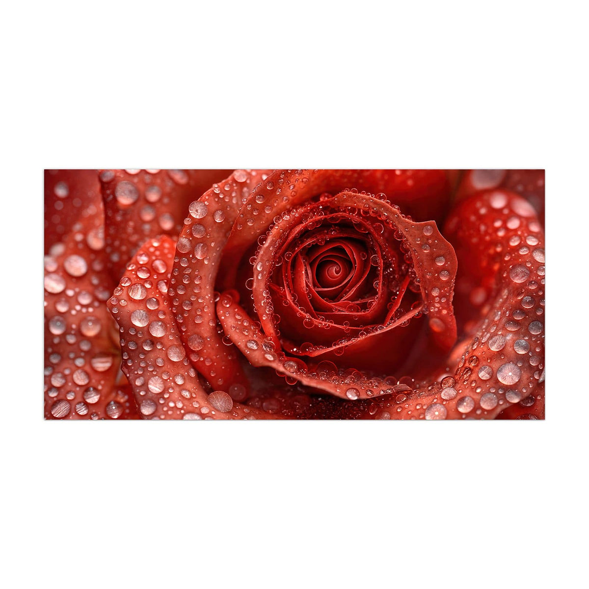 Küchenrückwand aus Glas Rote Rose mit Tropfen im Hochformat, Motiv bildfüllend von vorn