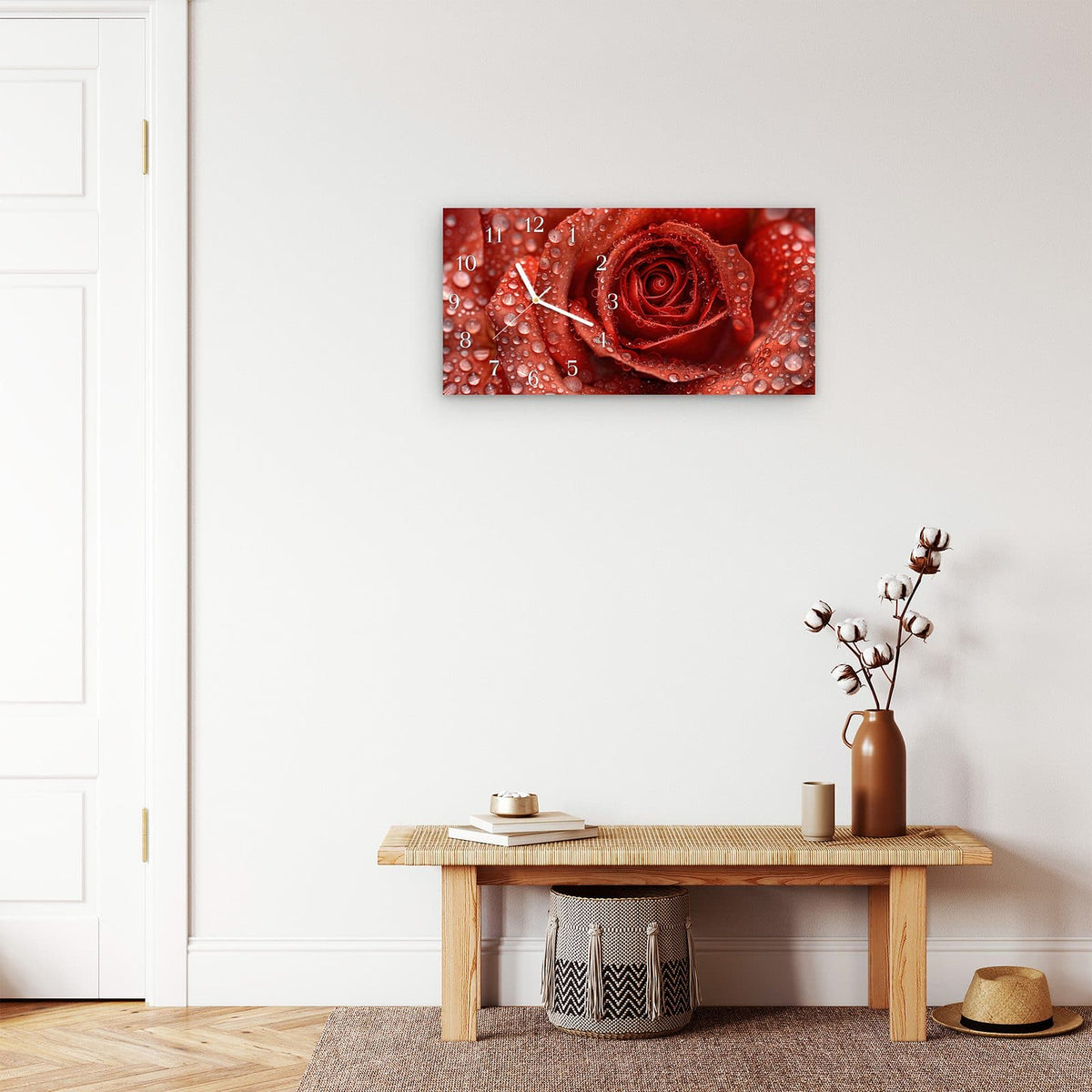 Moderne Wanduhr aus Glas mit Farbtiefe – Wanduhr Wassertropfen Rose aus Glas – Querformat 60 × 30 cm