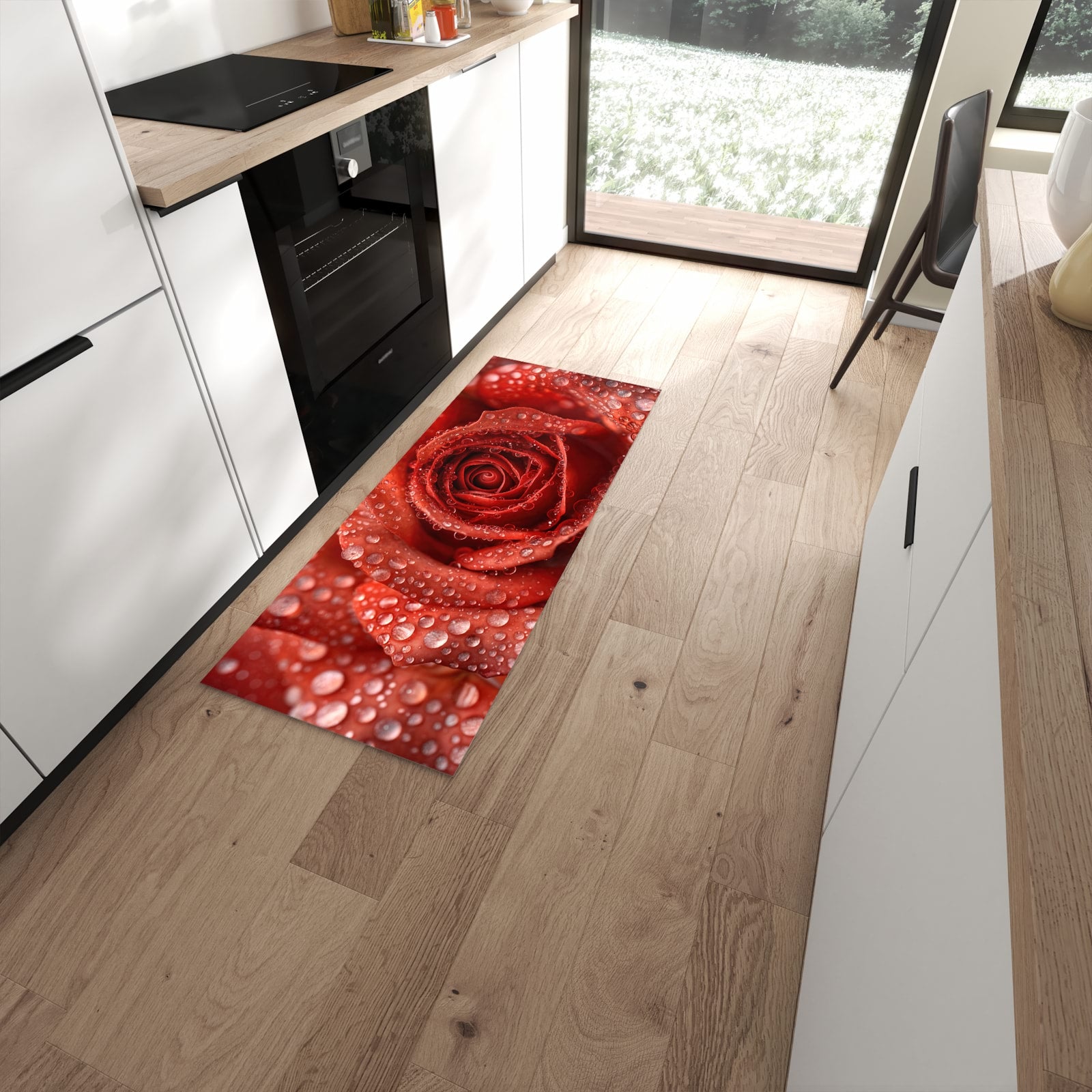 UV-beständiger Teppich für Küche mit Motiv Wassertropfen Rose in moderner Küche #grösse_60 x 150 cm