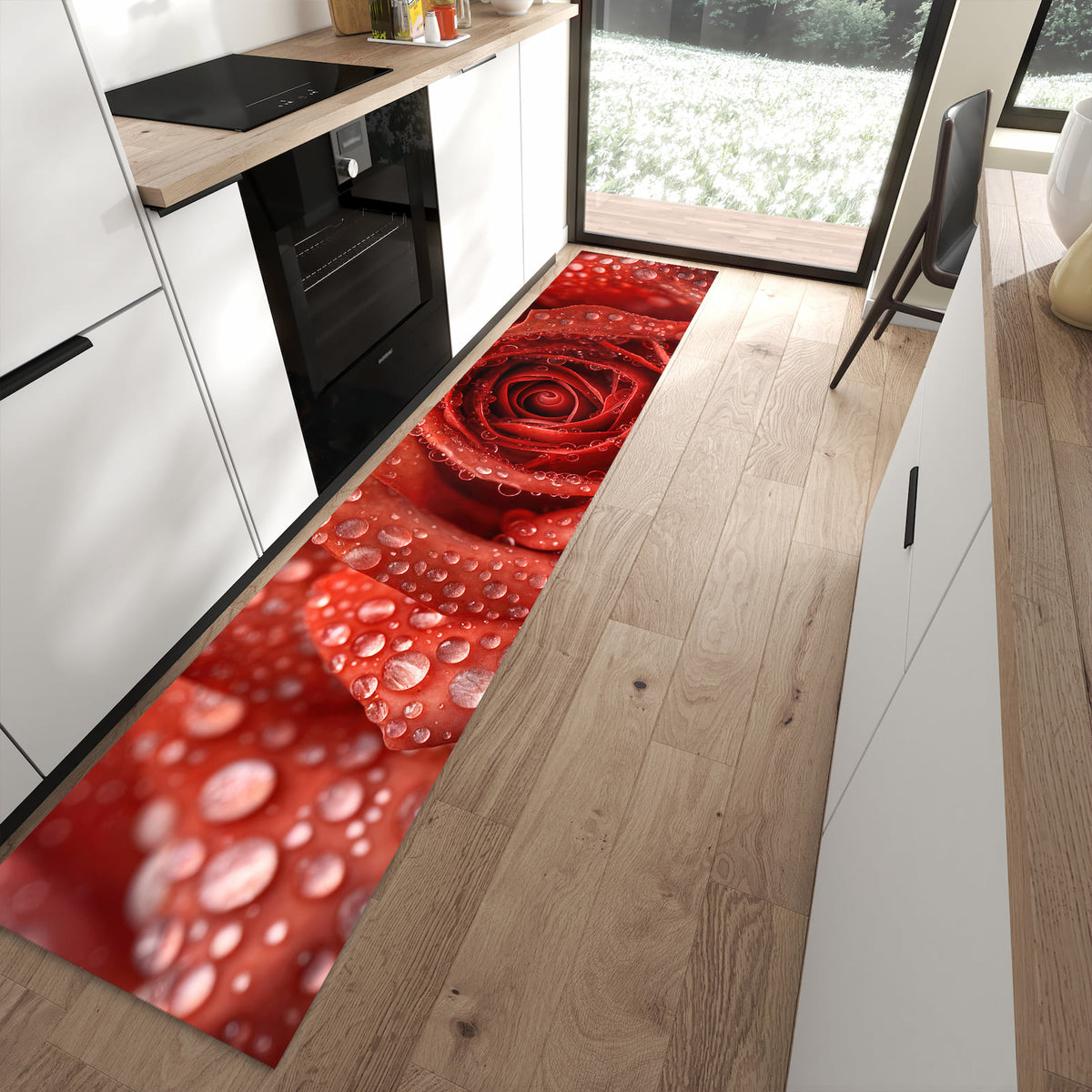 13 Größen – von 60 × 90 bis 80 × 300 cm – Küchenläufer - Rote Rose mit Tropfen