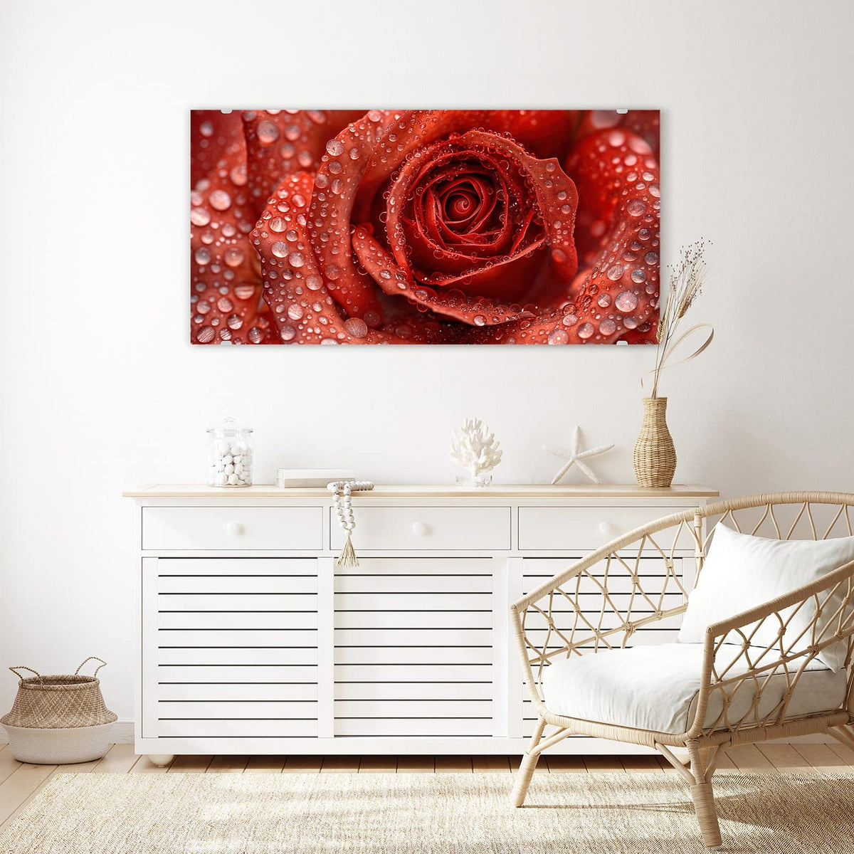 Echtglas, 4 mm – kein Acryl, keine Folie – Wandbild - Rote Rose mit Tropfen - Querformat