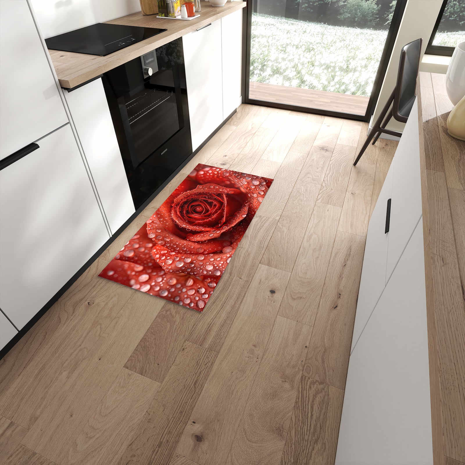 Abriebfester Küchenteppich mit Motiv Wassertropfen Rose in moderner Küche #grösse_60 x 120 cm