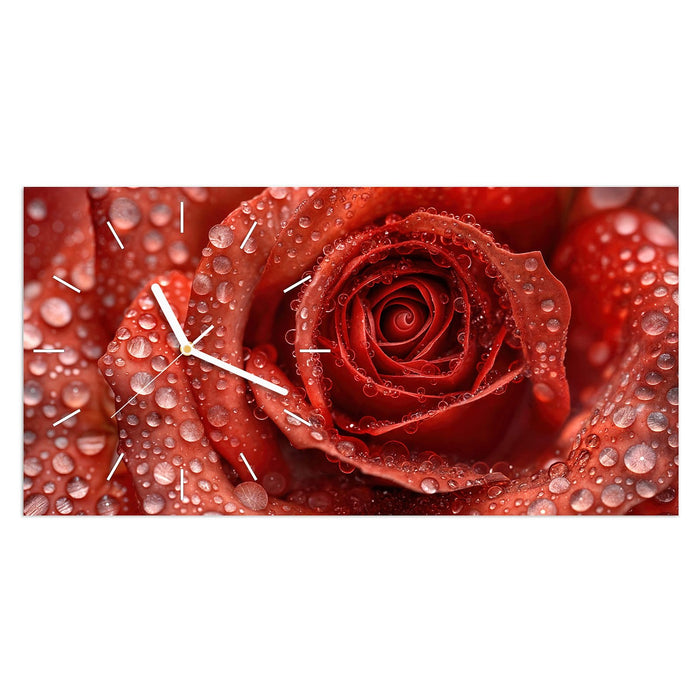 Wanduhr Wassertropfen Rose aus Glas – Querformat 60 × 30 cm mit Ziffernblatt Linie
