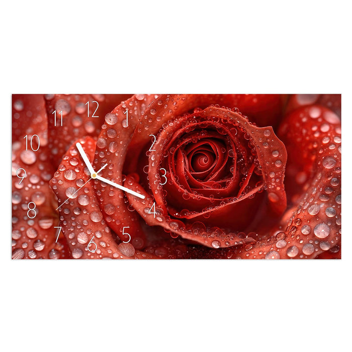Wanduhr Wassertropfen Rose aus Glas – Querformat 60 × 30 cm mit Ziffernblatt Elegant
