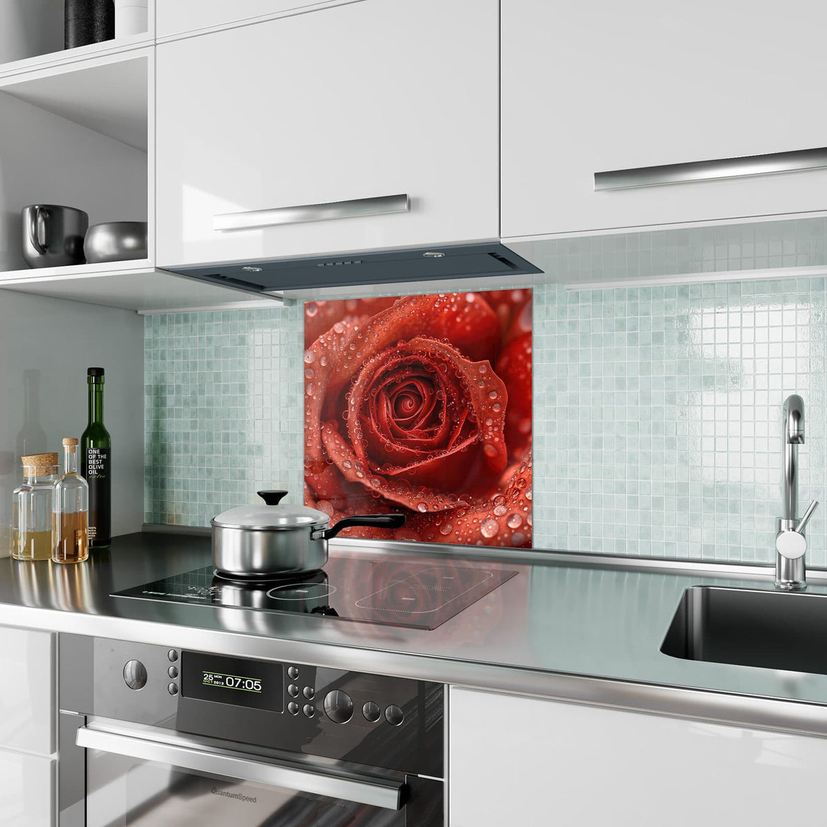 Küchenrückwand aus Glas Rote Rose mit Tropfen im quadratischen Format als Spritzschutz hinter dem Kochfeld, über dem Fliesenspiegel montiert