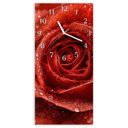Wanduhr mit dem Motiv Rote Rose mit Tropfen