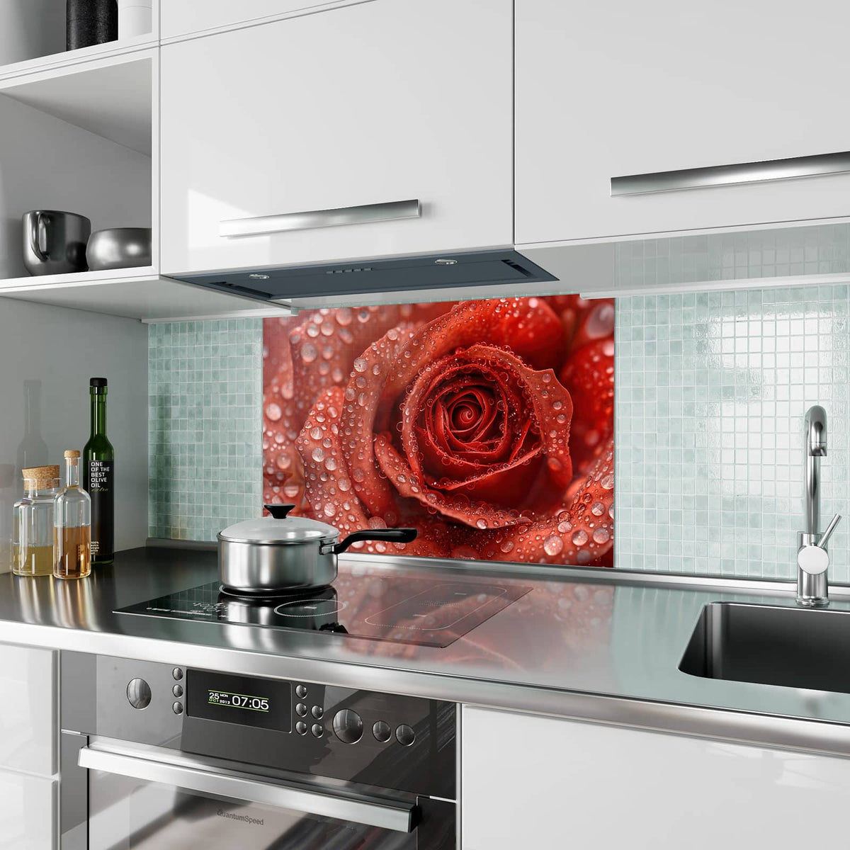 Küchenrückwand aus Glas Rote Rose mit Tropfen im Hochformat als Spritzschutz hinter dem Kochfeld, über dem Fliesenspiegel montiert