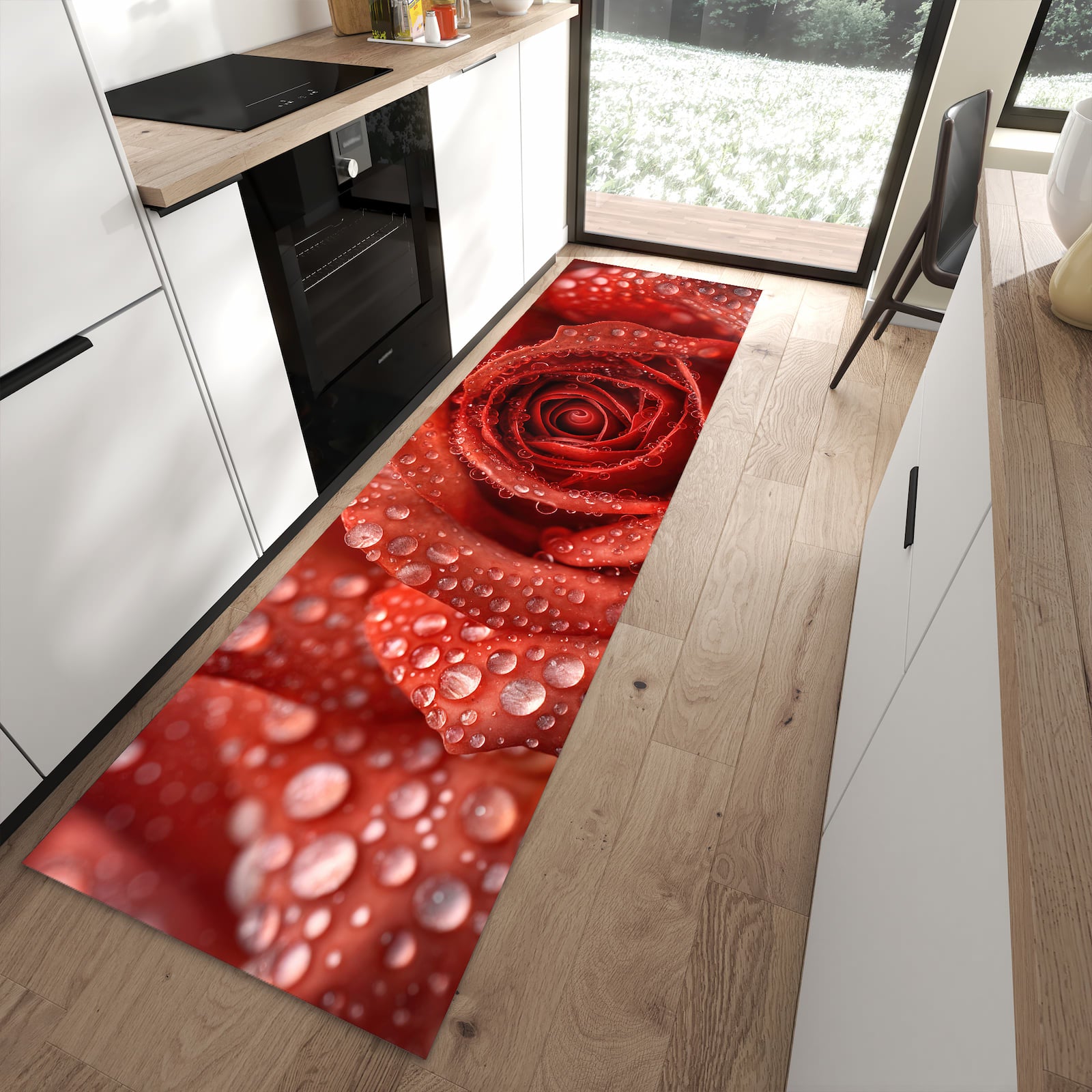 Rutschfester Küchenteppich mit Motiv Wassertropfen Rose in moderner Küche