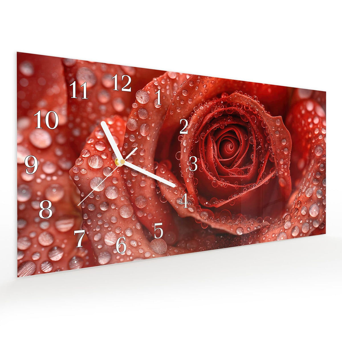 Vormontiert – mit Schwebeeffekt – Wanduhr Wassertropfen Rose aus Glas – Querformat 60 × 30 cm