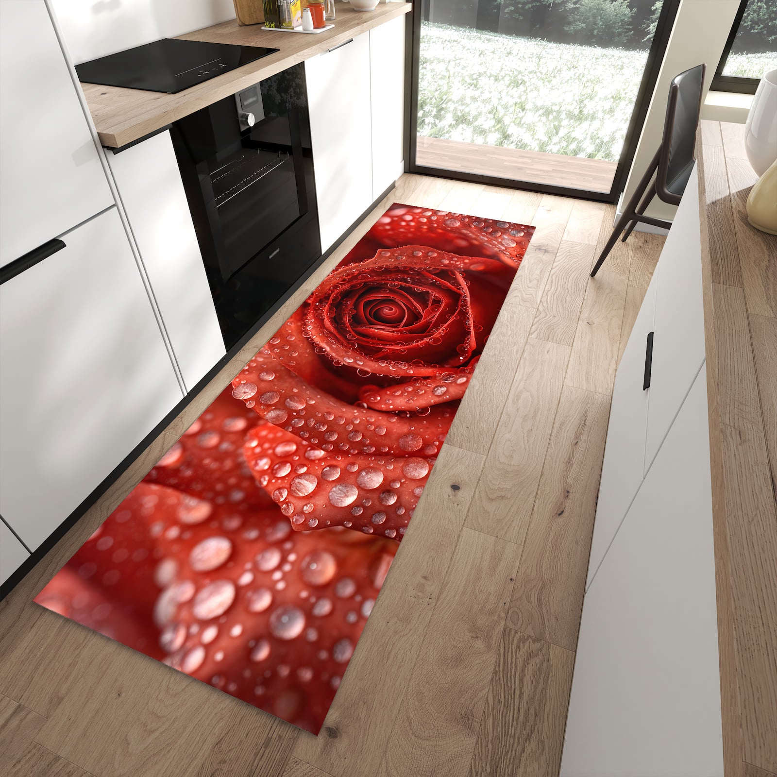 Flacher Küchenläufer mit Motiv Wassertropfen Rose in moderner Küche