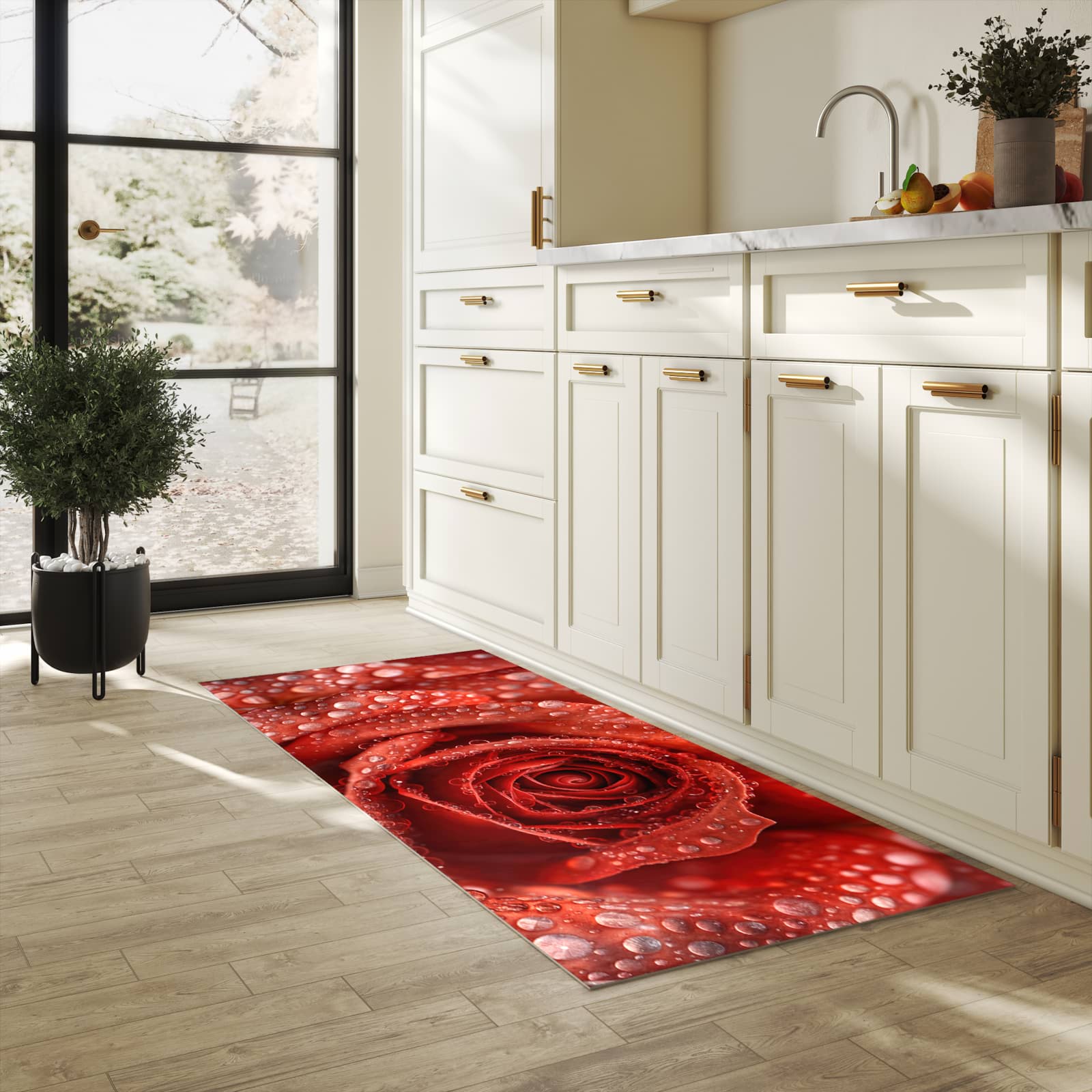 Farbbeständiger Küchenläufer mit Motiv Wassertropfen Rose in heller Küche