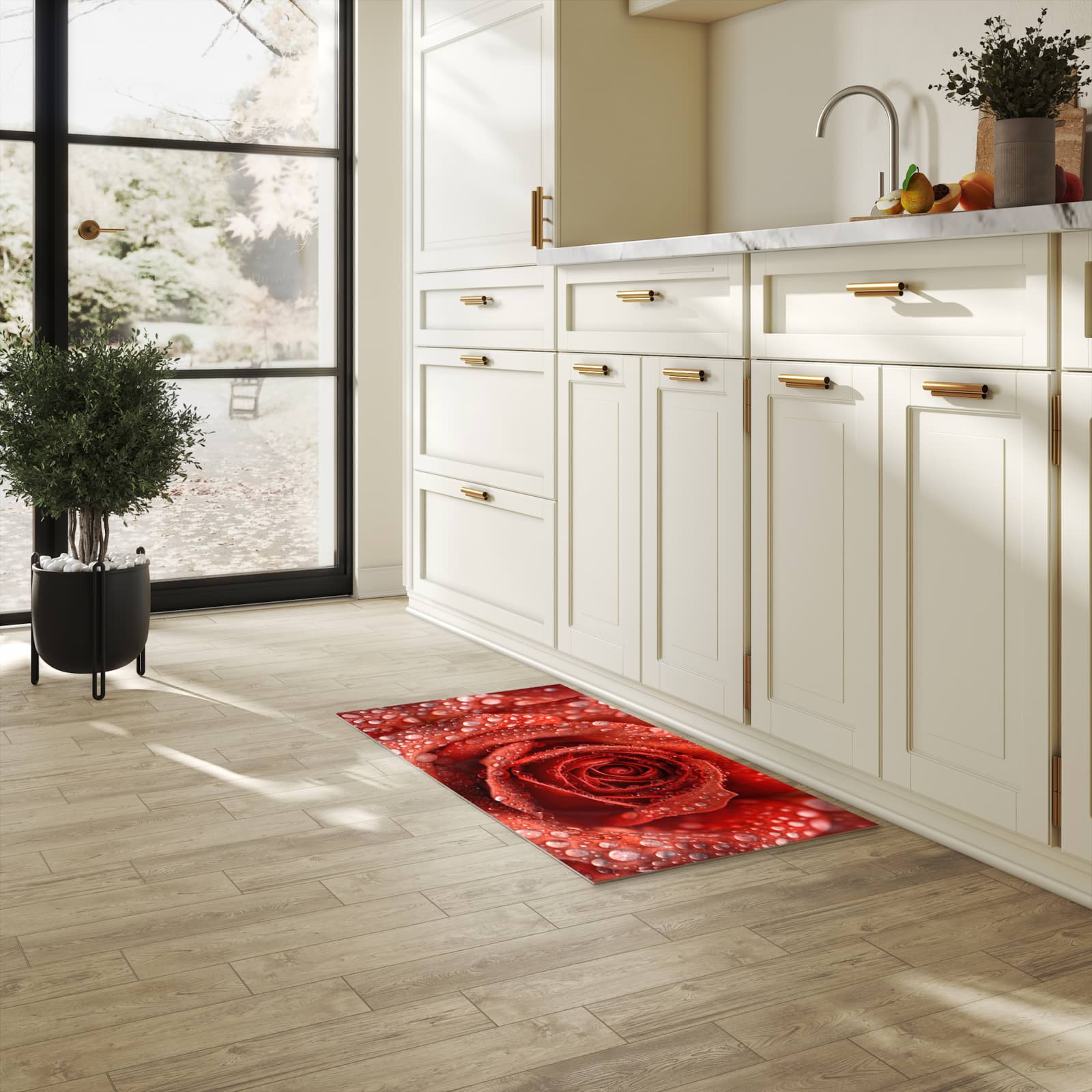 Waschbarer Küchenteppich mit Motiv Wassertropfen Rose in heller Küche