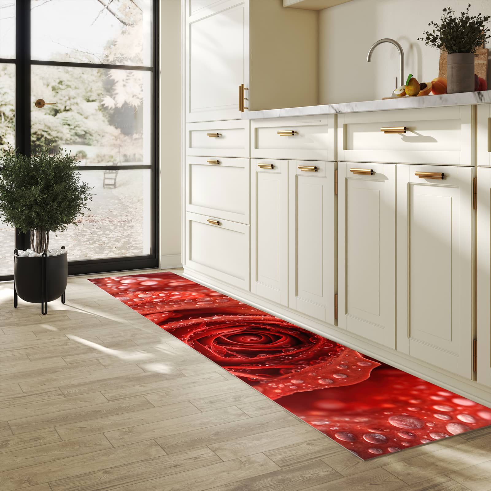 Läufer für die Küche mit Motiv Wassertropfen Rose in heller Küche für Ordnung