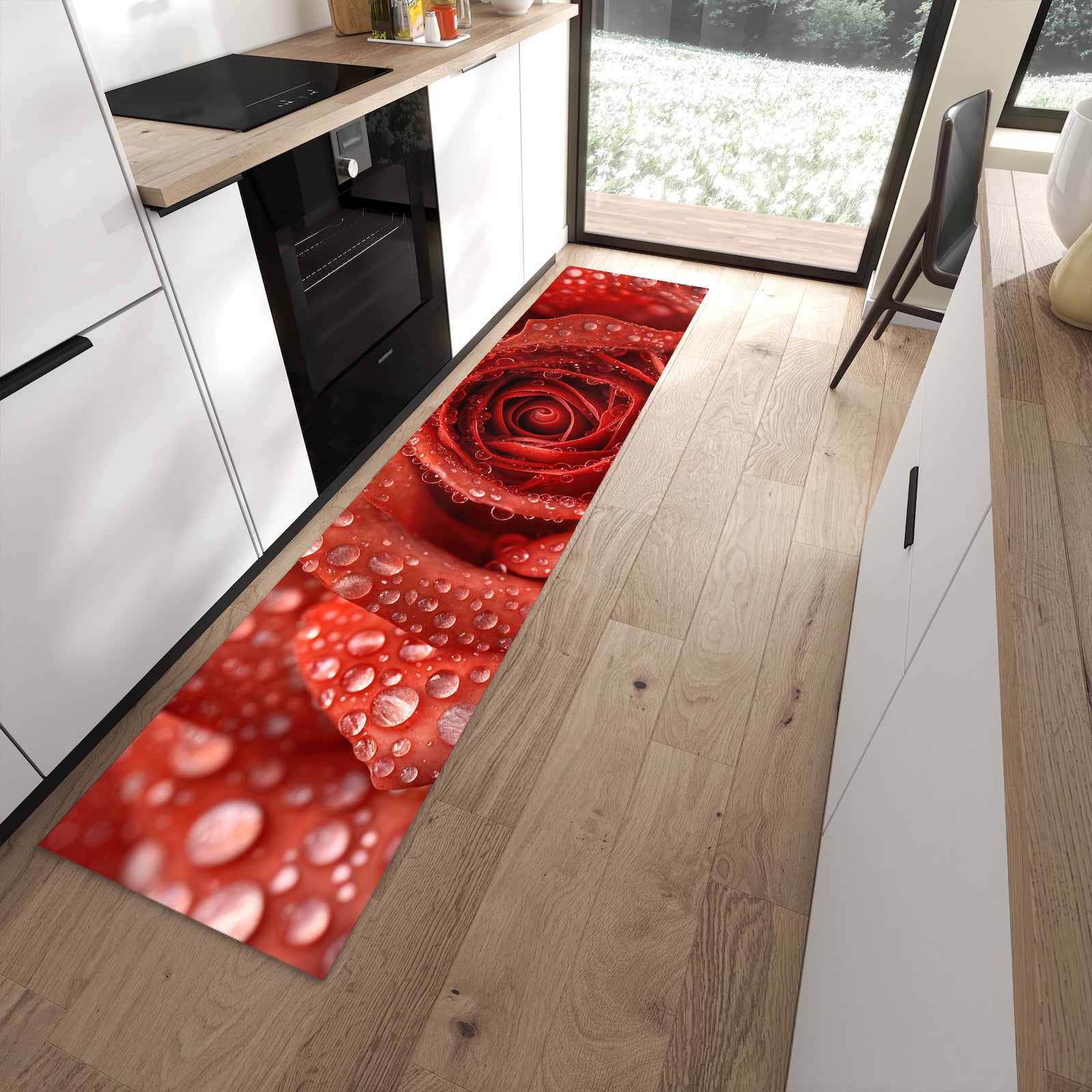 Fleckenresistenter Küchenteppich mit Motiv Wassertropfen Rose in moderner Küche