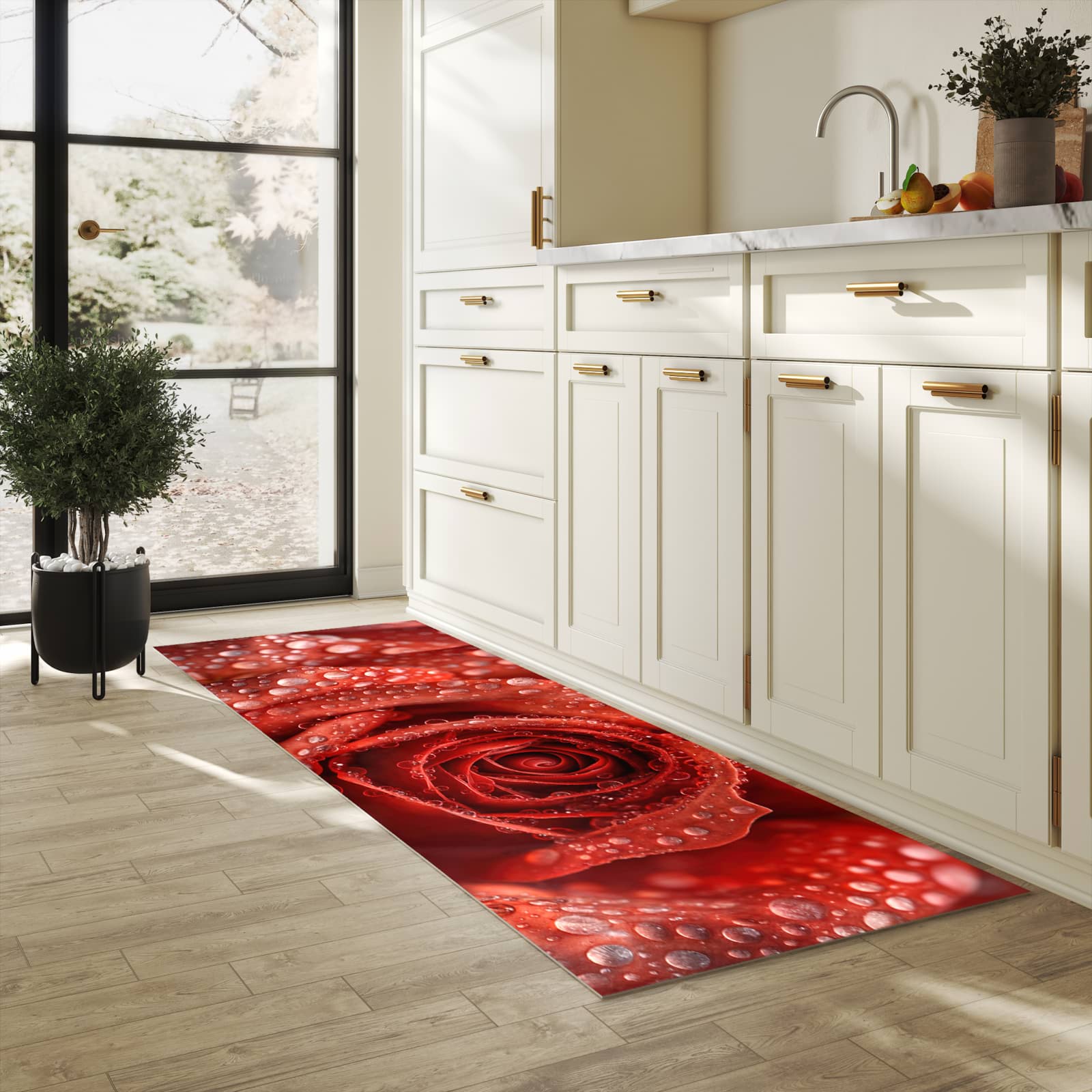Formstabiler Küchenläufer mit Motiv Wassertropfen Rose in heller Küche