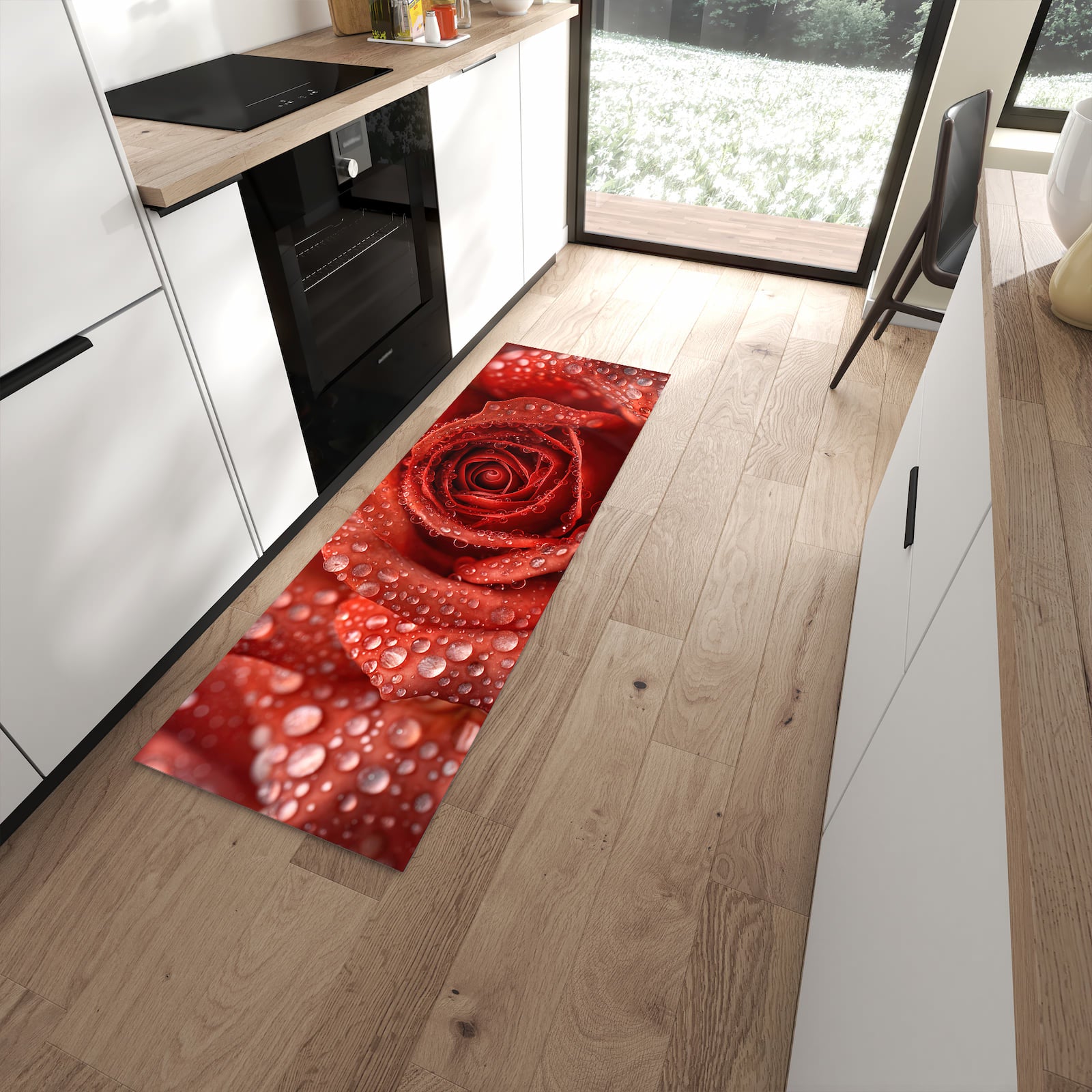 Komfortabler Küchenteppich mit Motiv Wassertropfen Rose in moderner Küche