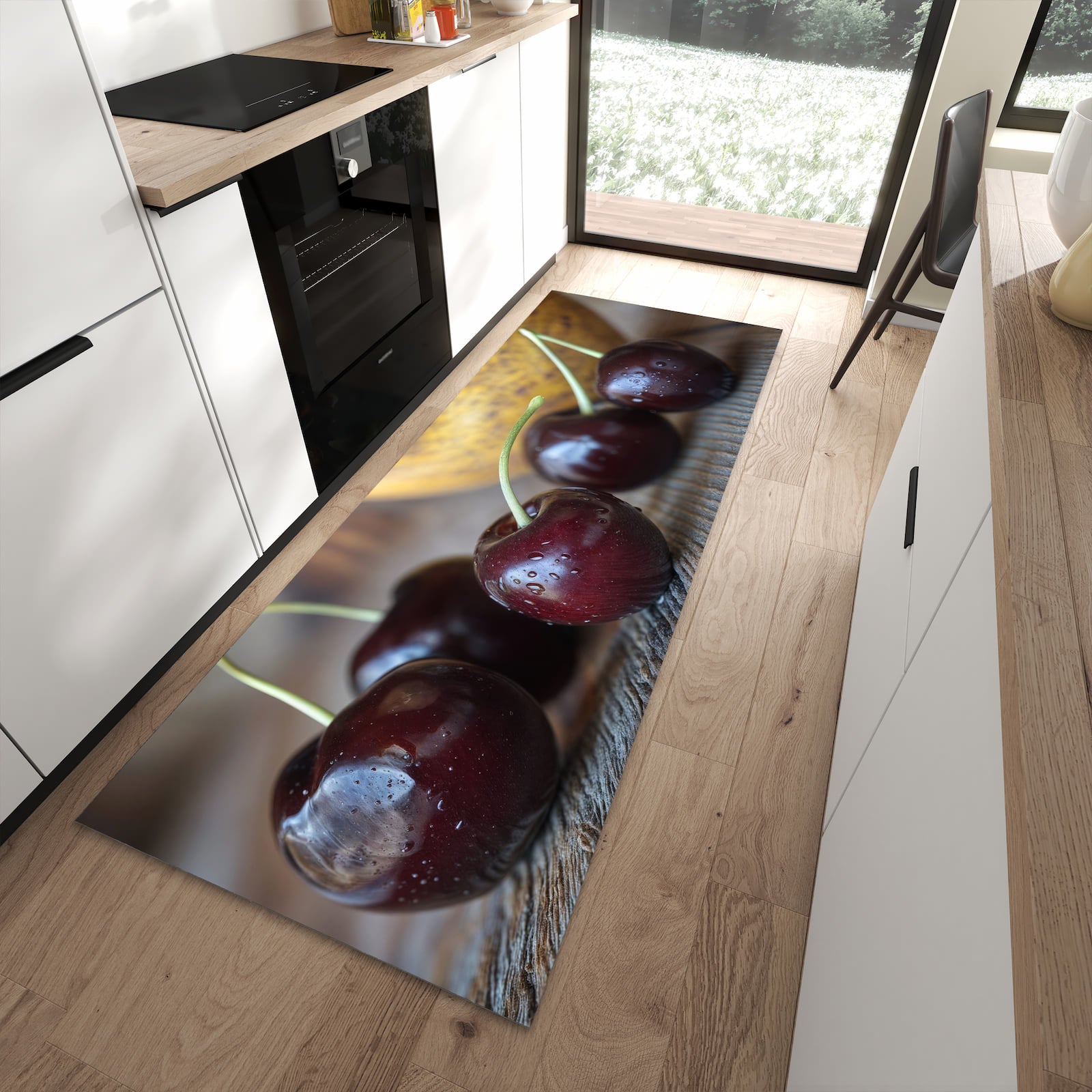 Zeitsparender abwaschbarer Küchenteppich mit Motiv Frische Kirschen in moderner Küche