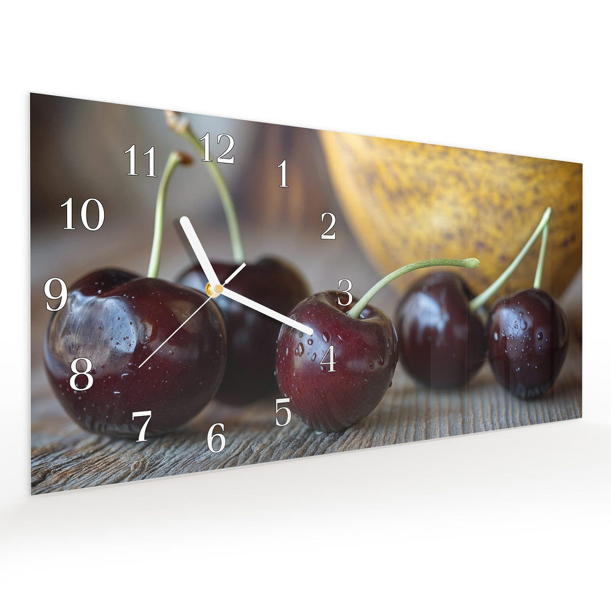 Vormontiert – mit Schwebeeffekt – Wanduhr Süße Kirschen aus Glas – Querformat 60 × 30 cm