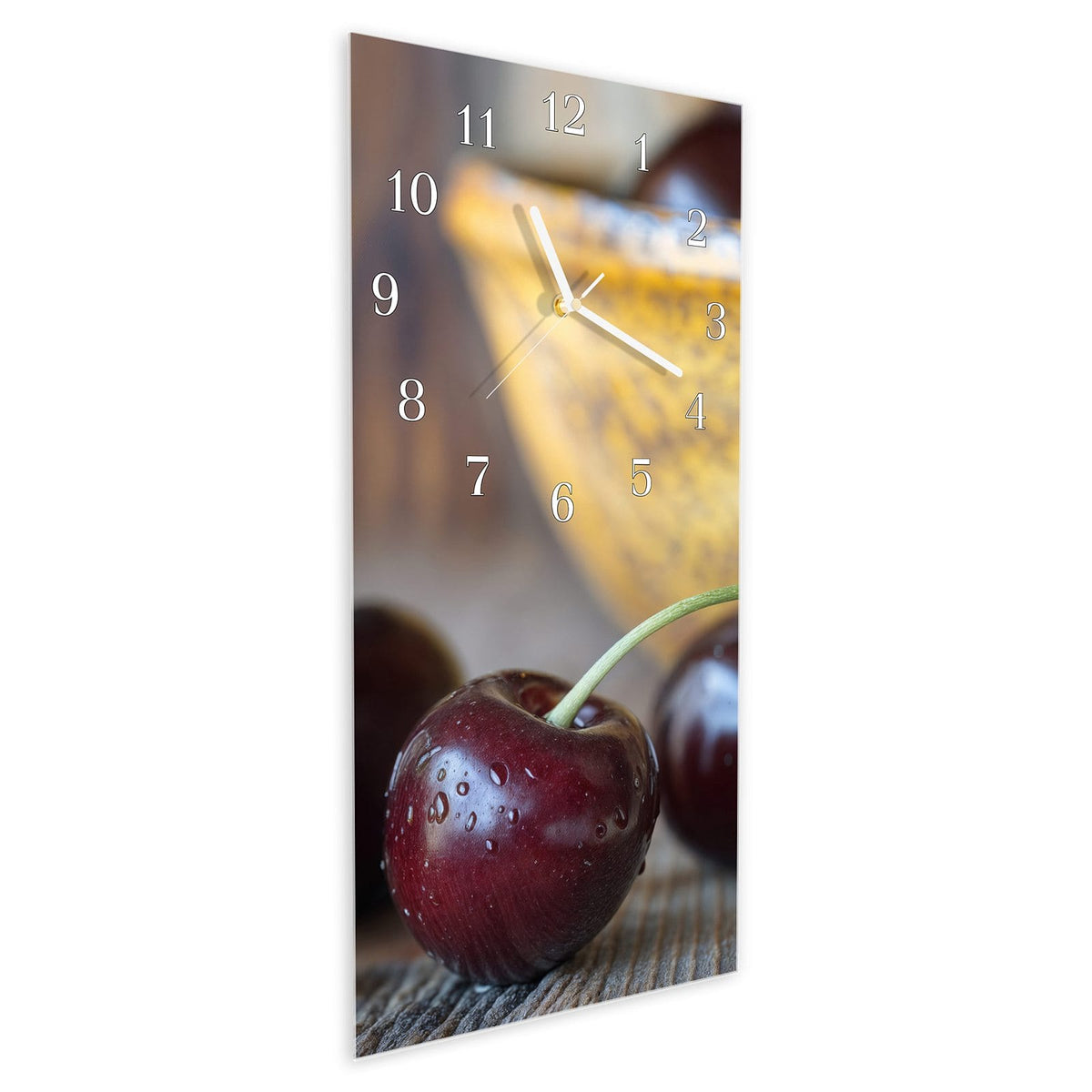 Vormontiert – mit Schwebeeffekt – Wanduhr Süße Kirschen aus Glas – Hochformat 30 × 60 cm