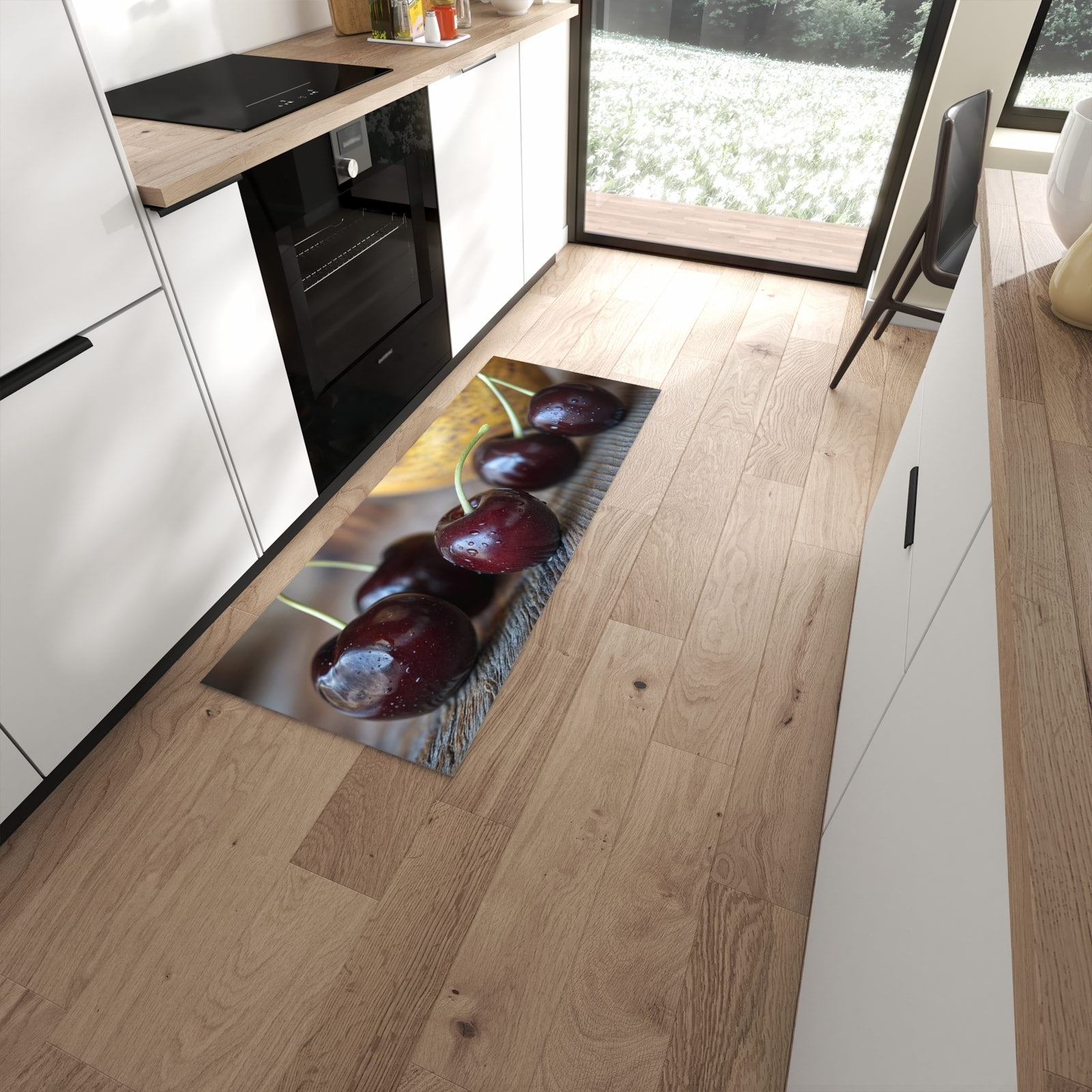 Waschbarer Küchenläufer mit Motiv Frische Kirschen in moderner Küche #grösse_60 x 150 cm
