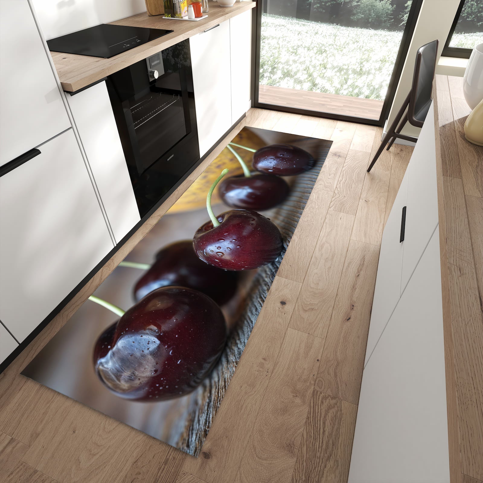 Bodenschonender Küchenläufer nach Maß mit Motiv Frische Kirschen in moderner Küche